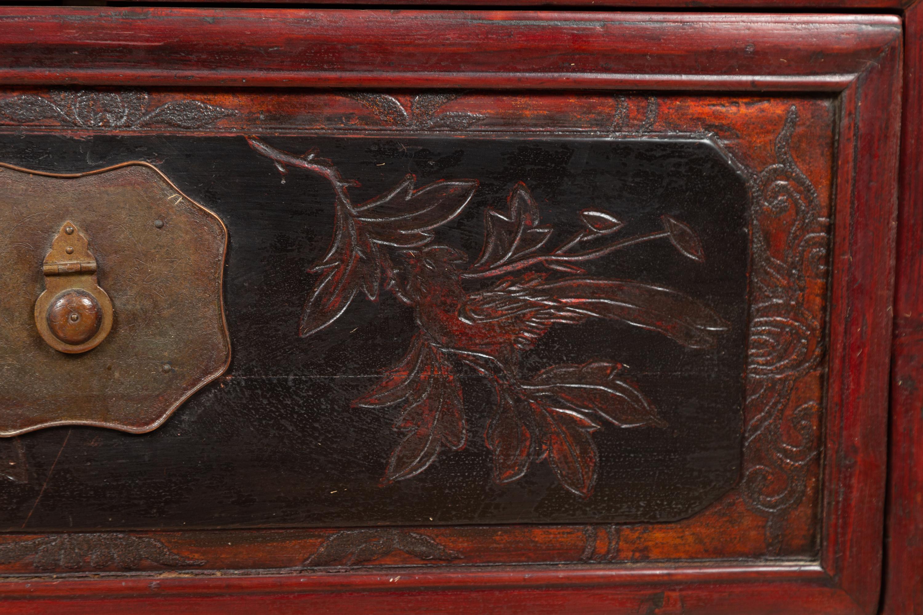 Antique Chinese Red and Black Lacquered Three-Section Chest with Carved Figures For Sale 3