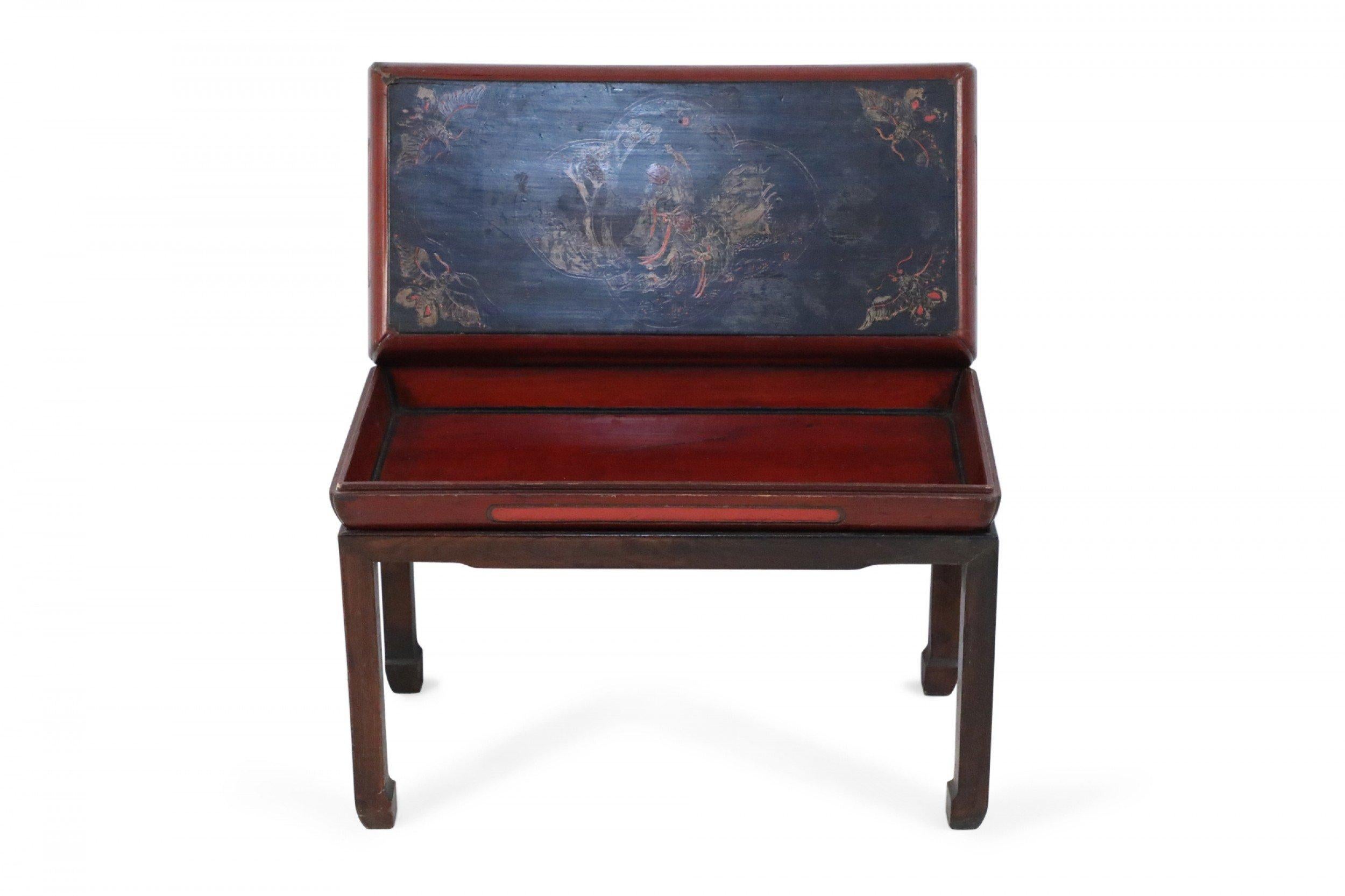 Antique Chinese Red and Brown Wooden Storage Bench For Sale 3