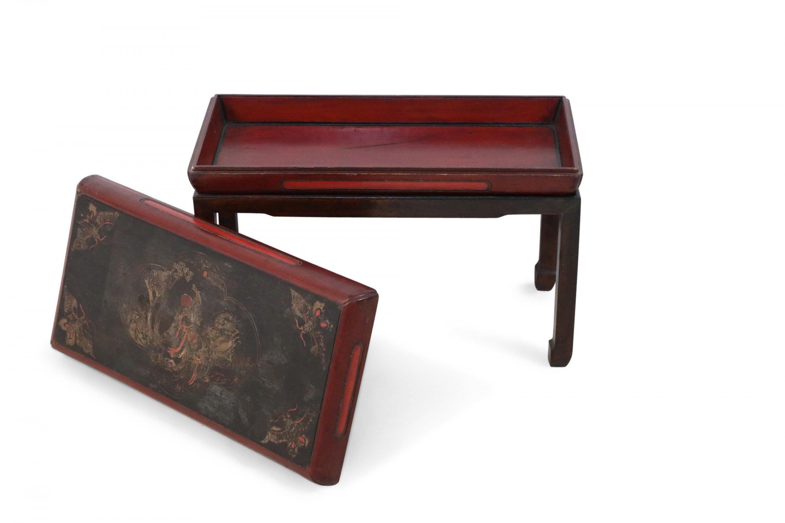 Antique Chinese Red and Brown Wooden Storage Bench For Sale 4