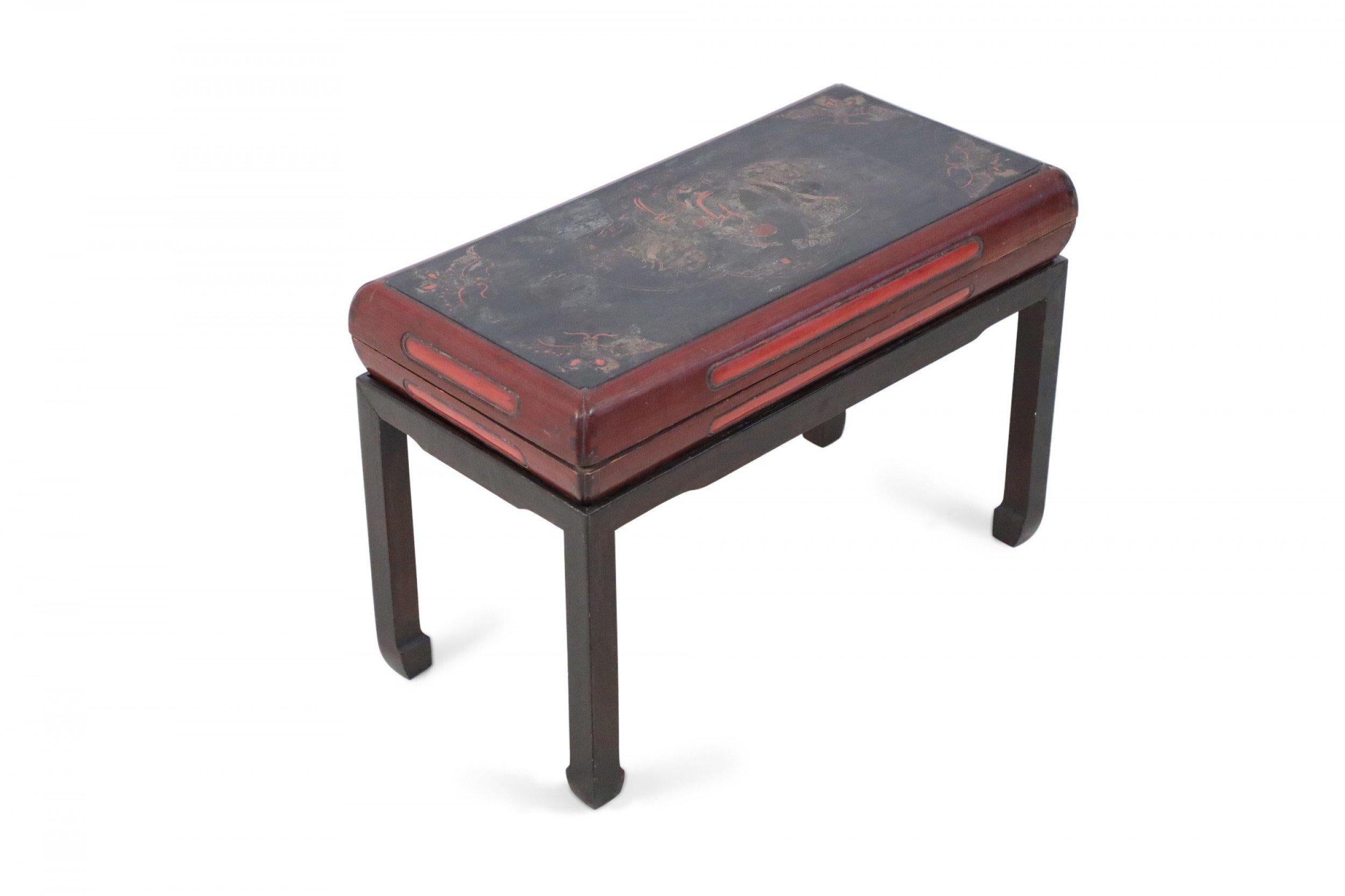 Chinese Export Antique Chinese Red and Brown Wooden Storage Bench For Sale