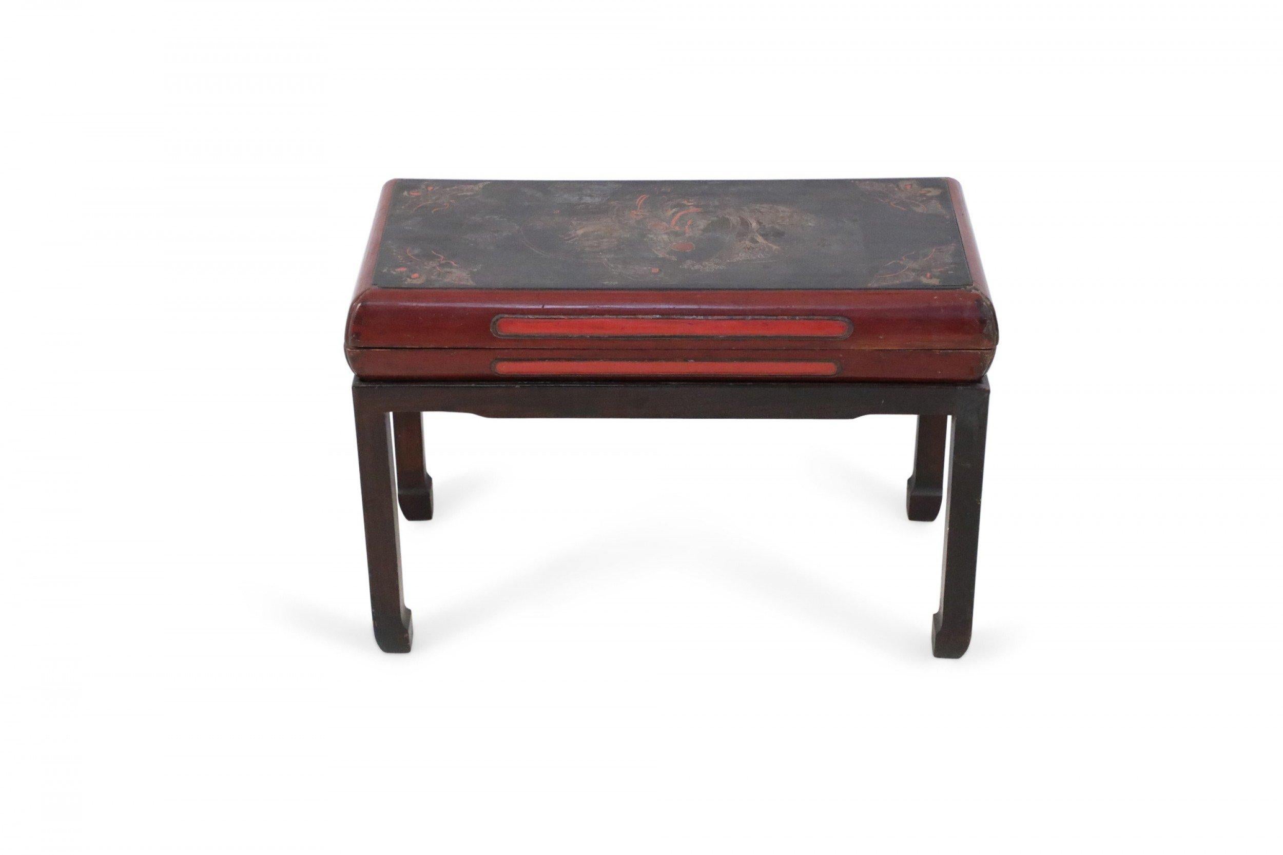 Painted Antique Chinese Red and Brown Wooden Storage Bench For Sale