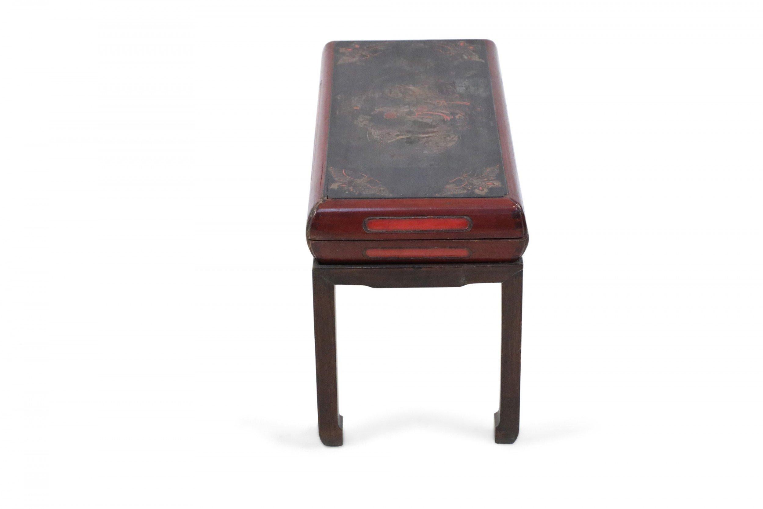 20th Century Antique Chinese Red and Brown Wooden Storage Bench For Sale