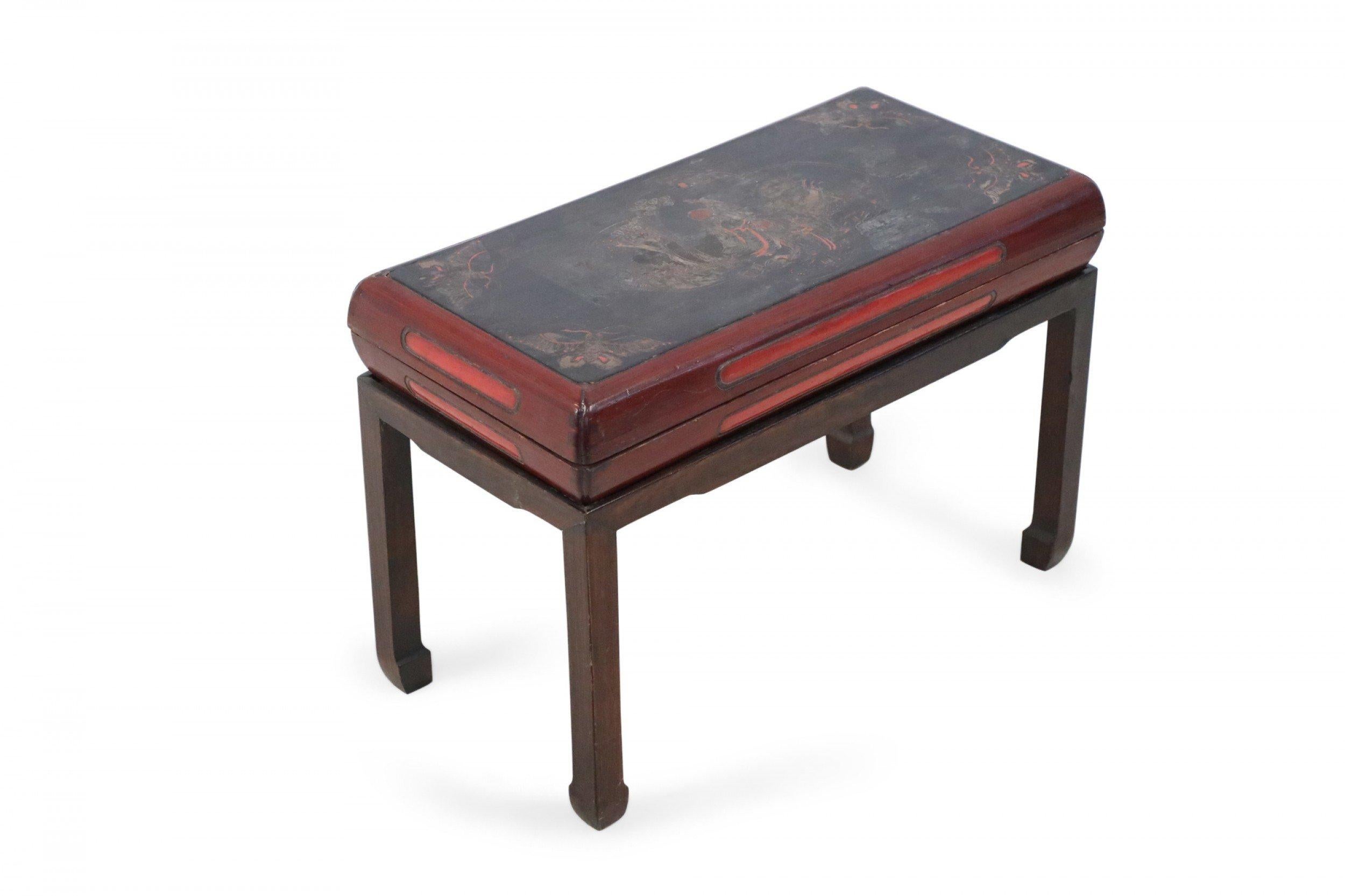 Antique Chinese Red and Brown Wooden Storage Bench For Sale 1