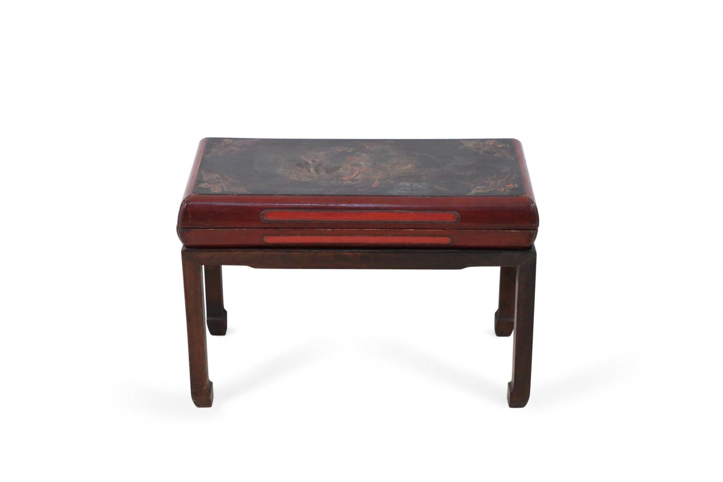 Antique Chinese Red and Brown Wooden Storage Bench For Sale 2