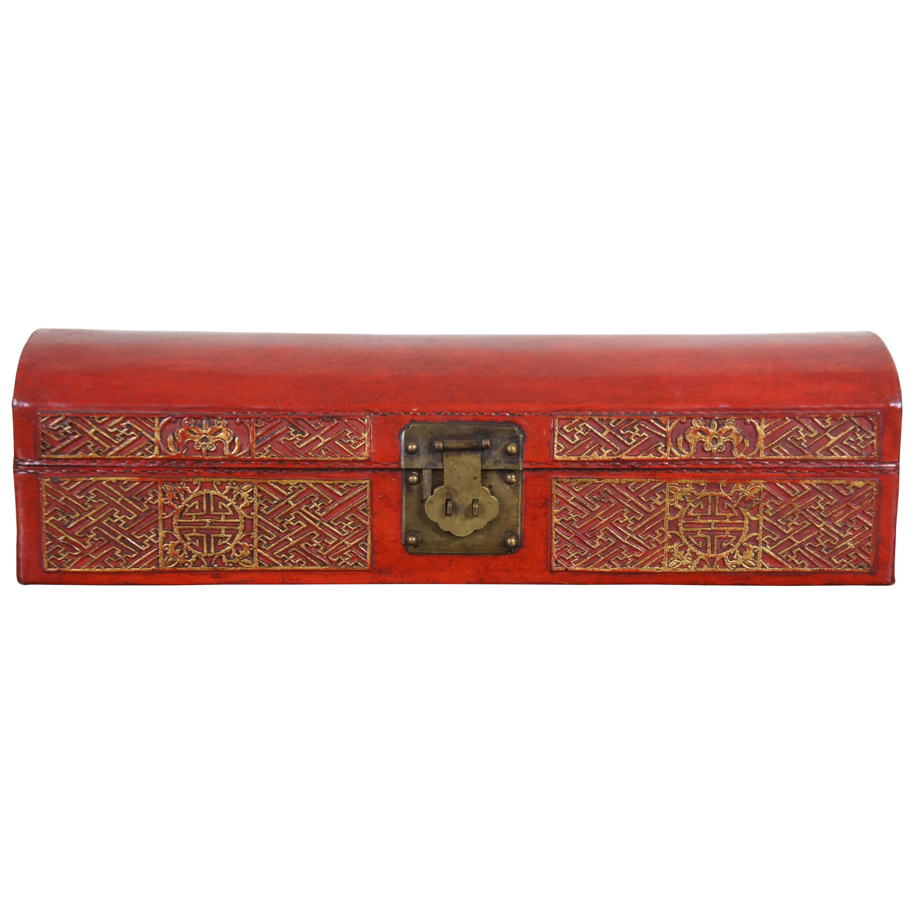 Antique Chinese Red and Gold Leather Domed and Lacquered Scroll Box