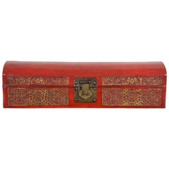 Antique Chinese Red and Gold Leather Domed and Lacquered Scroll Box