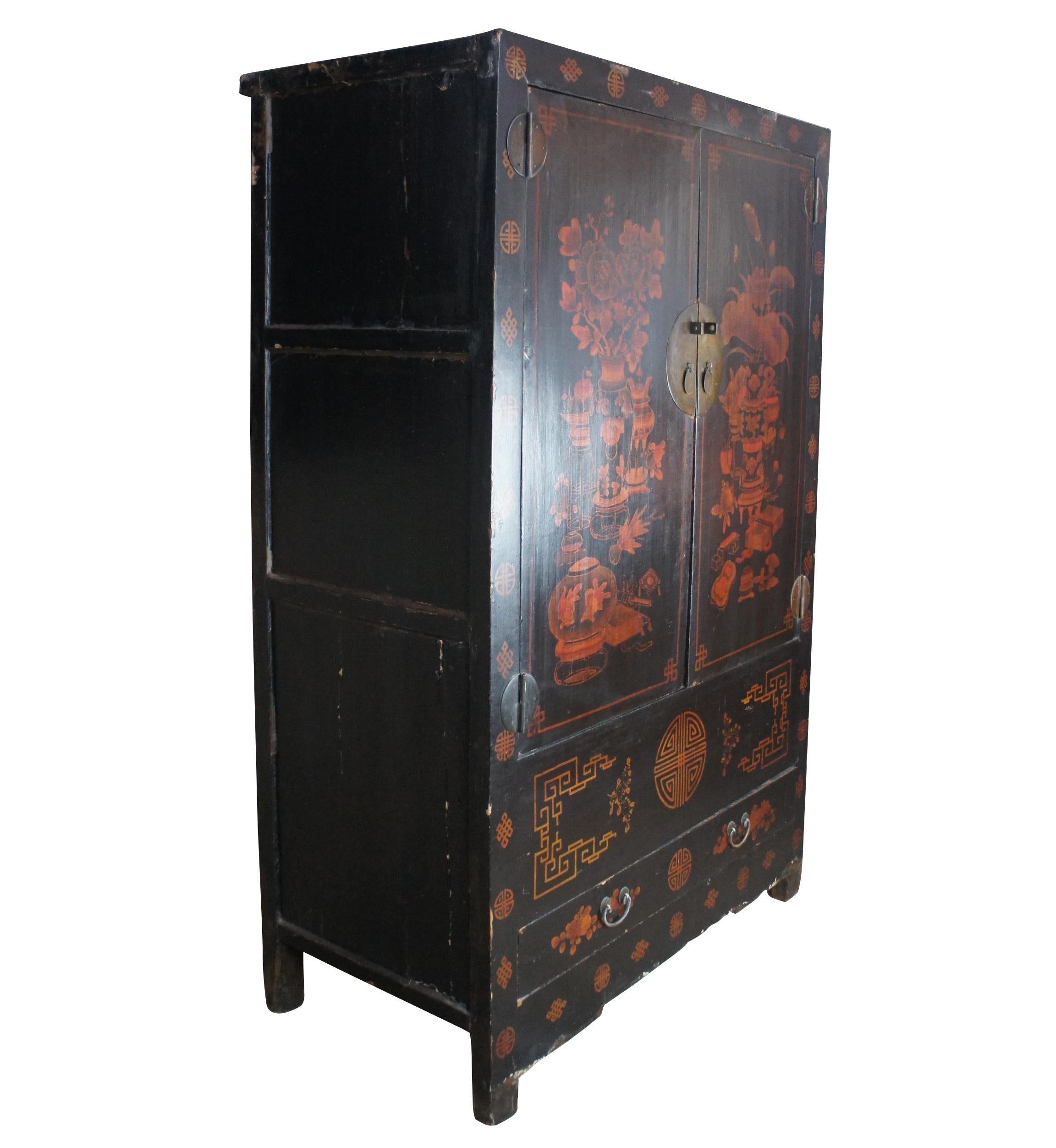 Chinoiserie Antique Chinese Red & Black Lacquer Cupboard Wedding Cabinet Linen Press Armoire