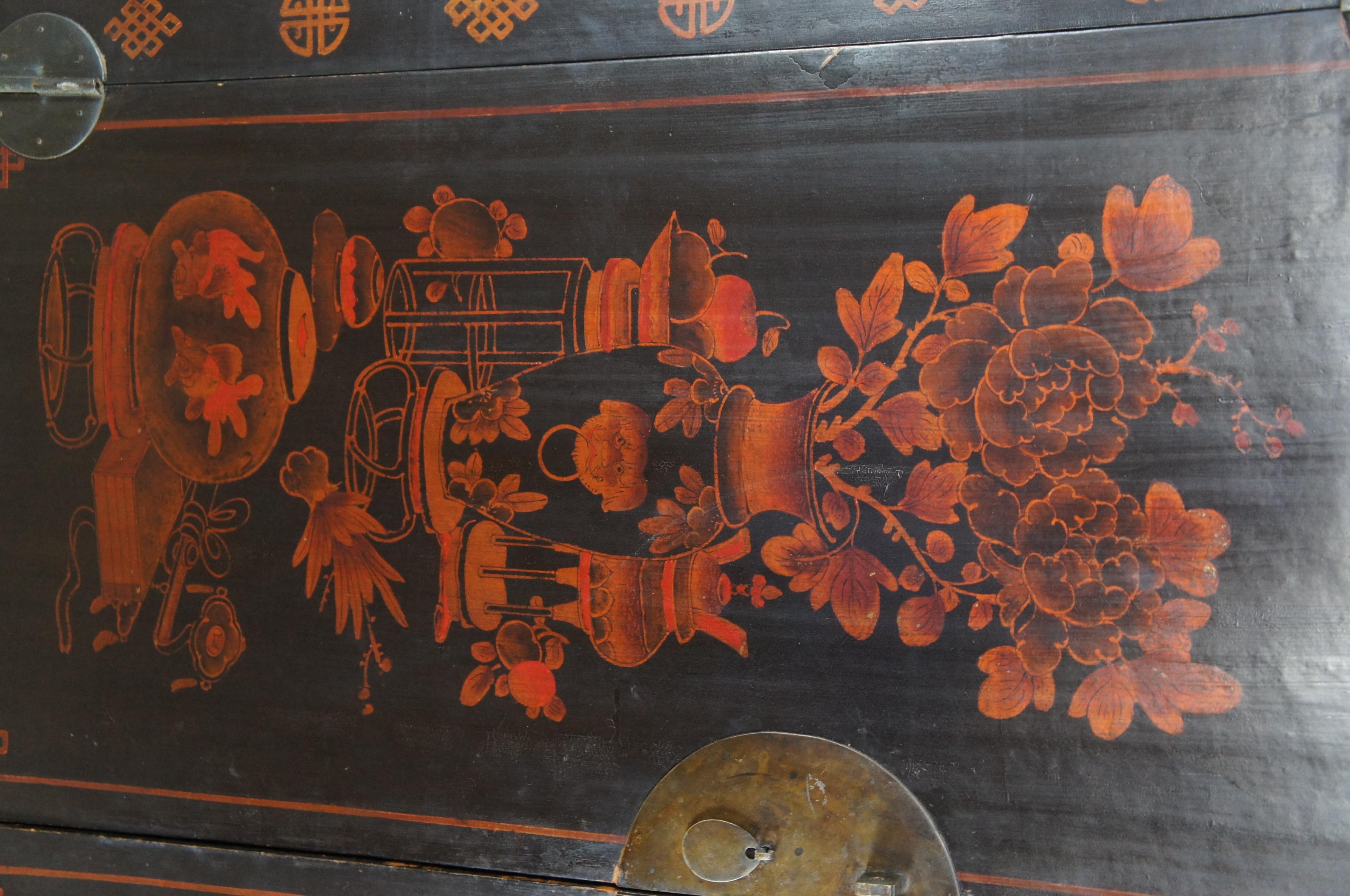 19th Century Antique Chinese Red & Black Lacquer Cupboard Wedding Cabinet Linen Press Armoire