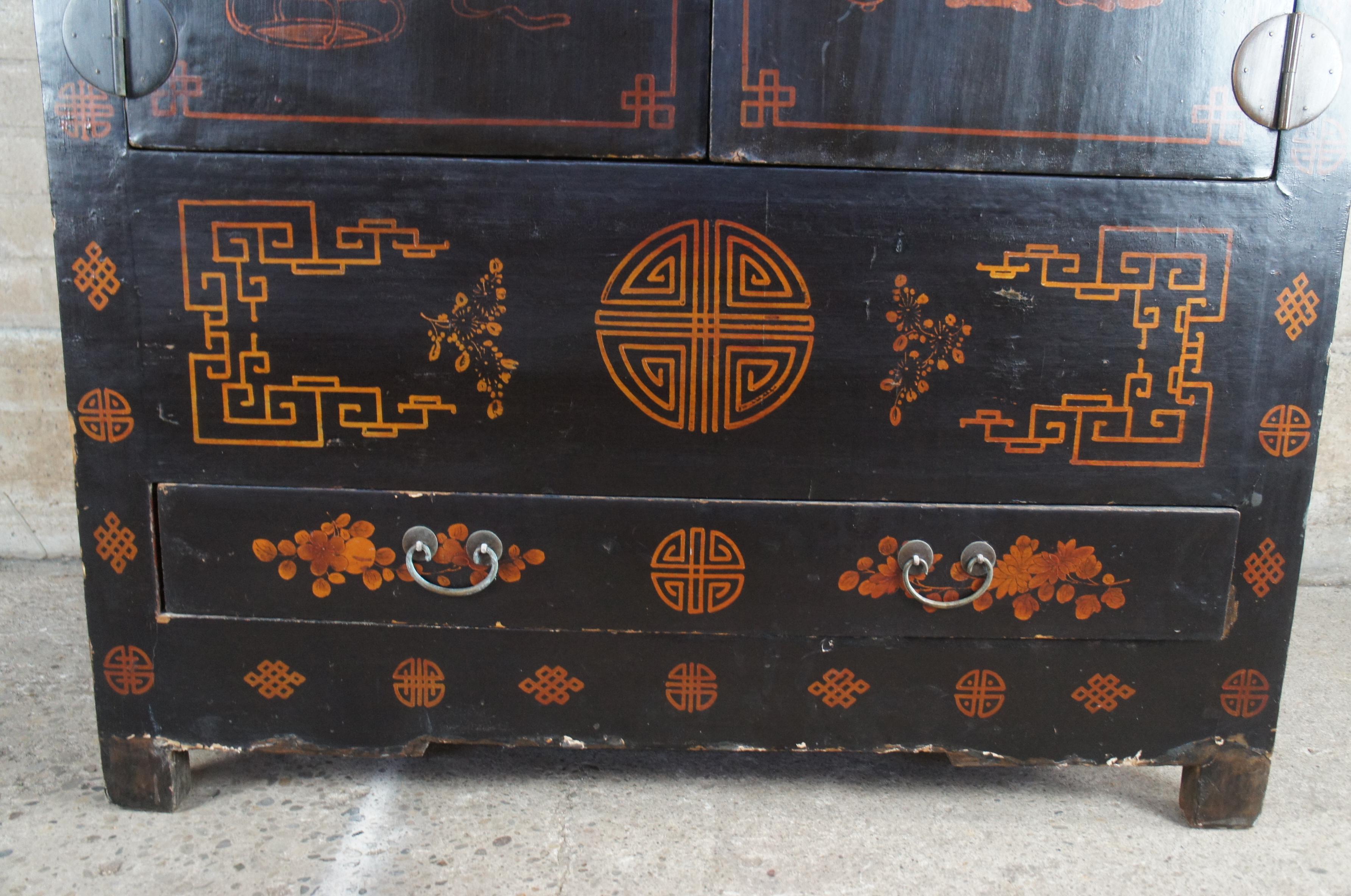 Brass Antique Chinese Red & Black Lacquer Cupboard Wedding Cabinet Linen Press Armoire
