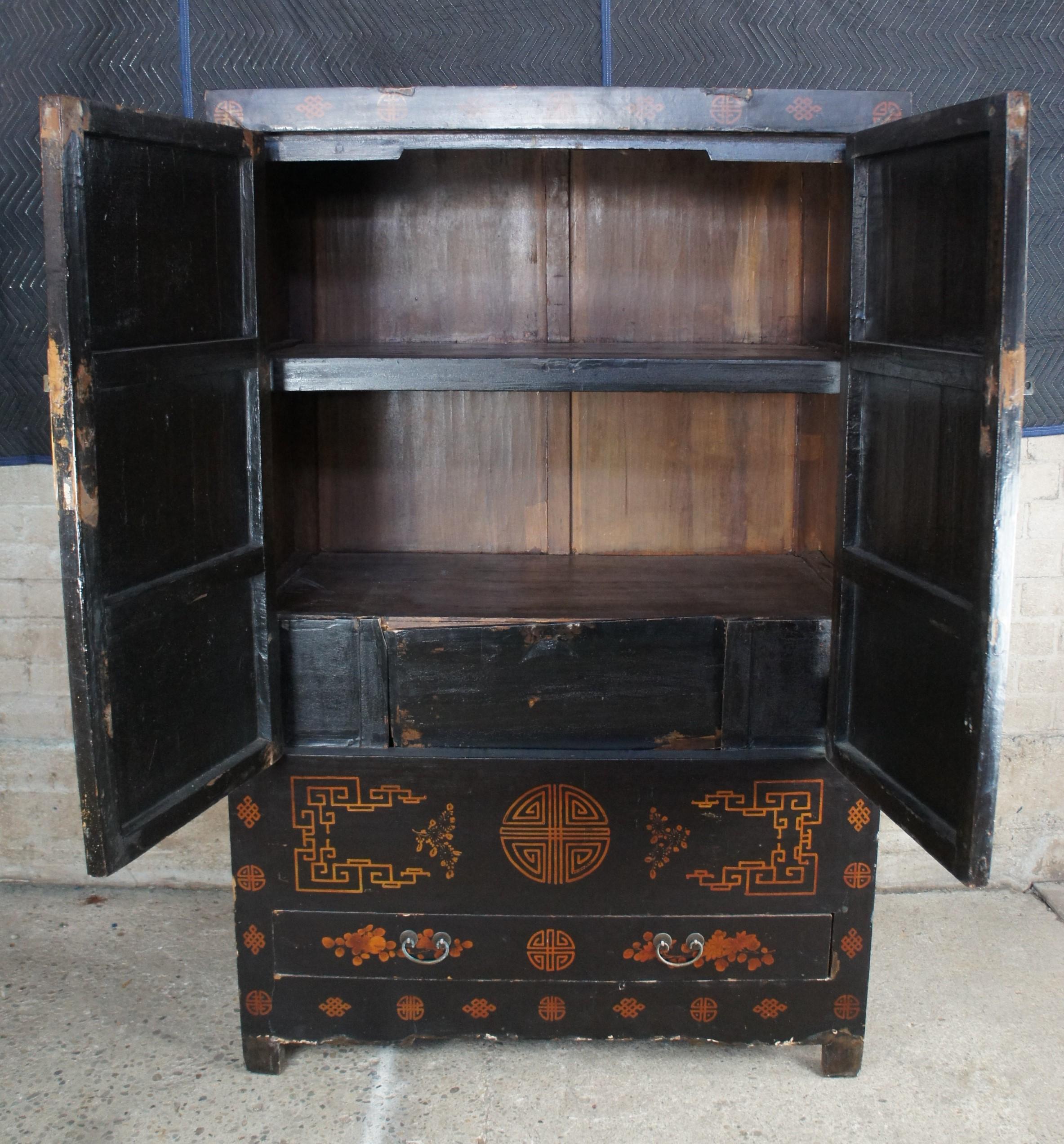 Antique Chinese Red & Black Lacquer Cupboard Wedding Cabinet Linen Press Armoire 2