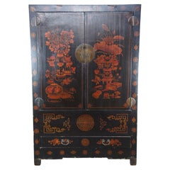 Antique Chinese Red & Black Lacquer Cupboard Wedding Cabinet Linen Press Armoire