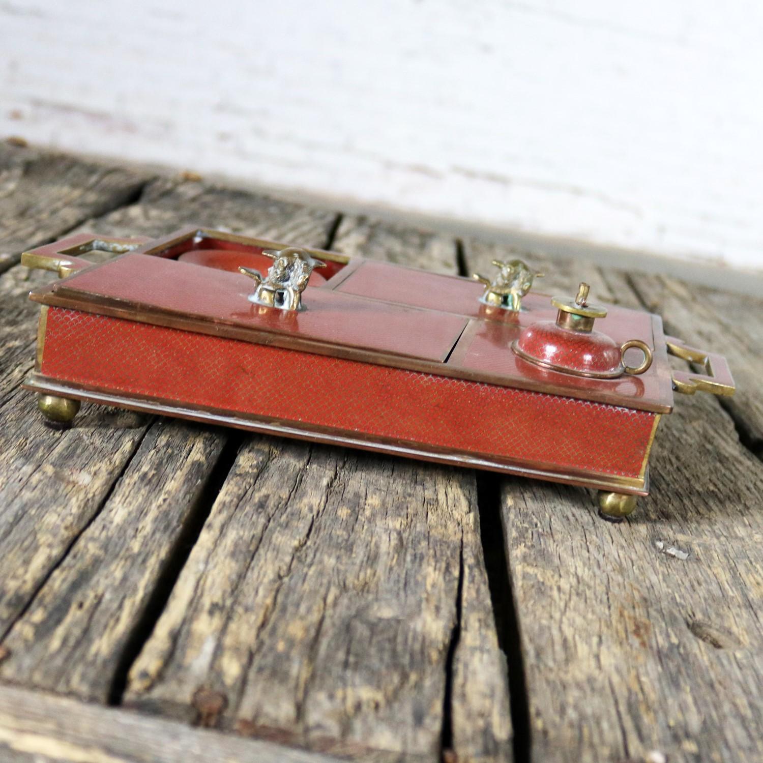 Lacquered Antique Chinese Red Cloisonné Enamel Opium Smoking Set Box with Accoutrements