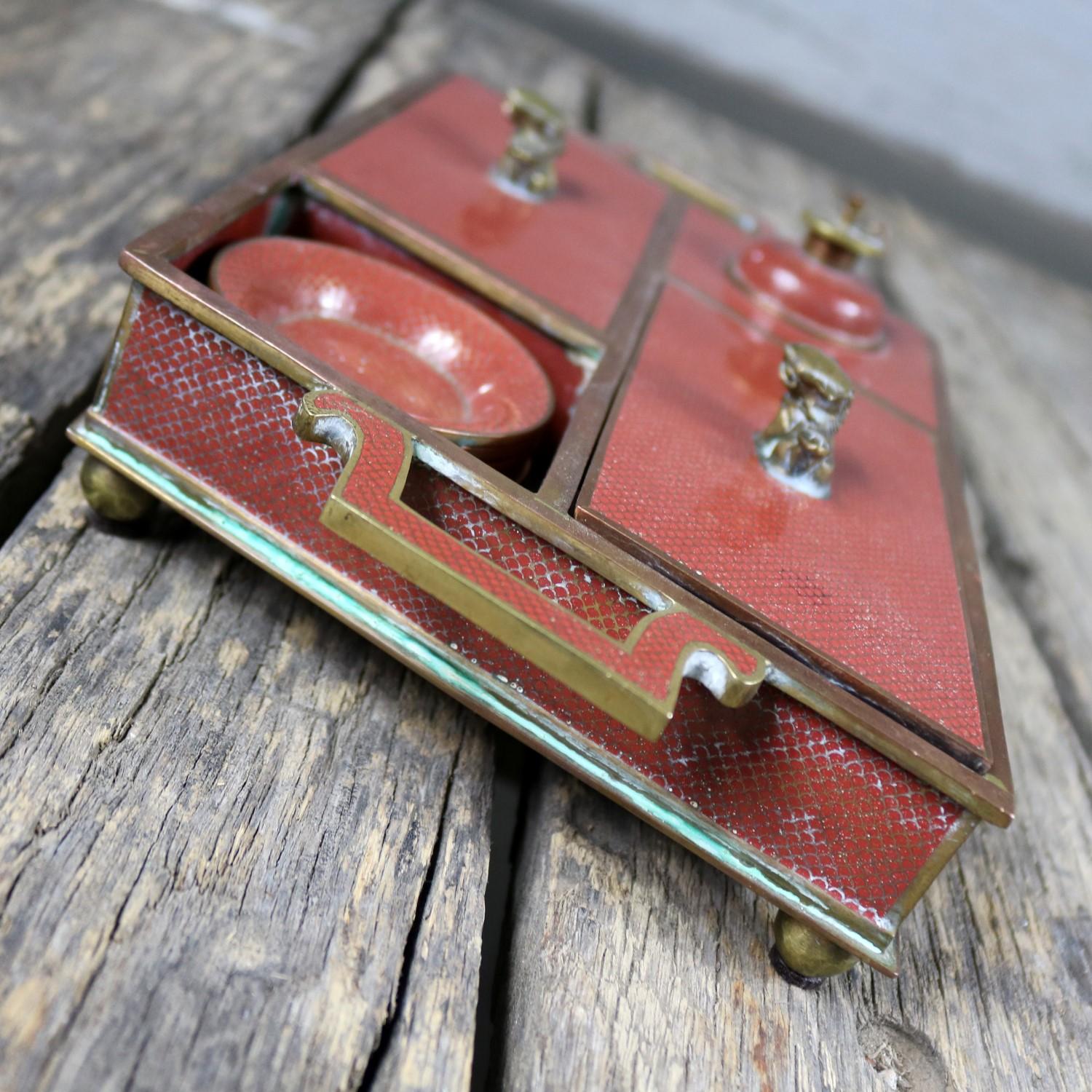 Antique Chinese Red Cloisonné Enamel Opium Smoking Set Box with Accoutrements In Good Condition In Topeka, KS