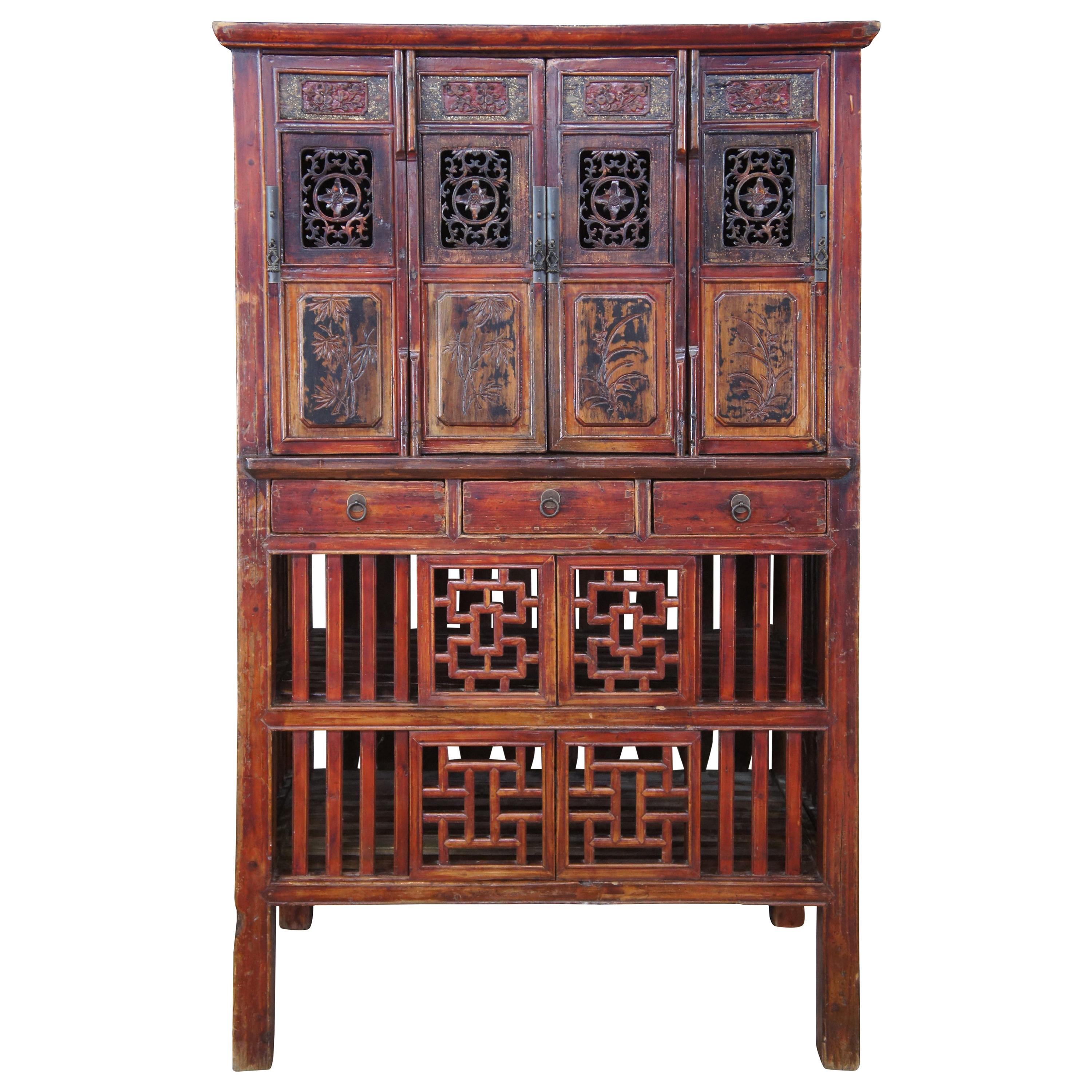 Antique Chinese Red Elm Kitchen Cabinet Cupboard Ming Wedding Wardrobe Linens