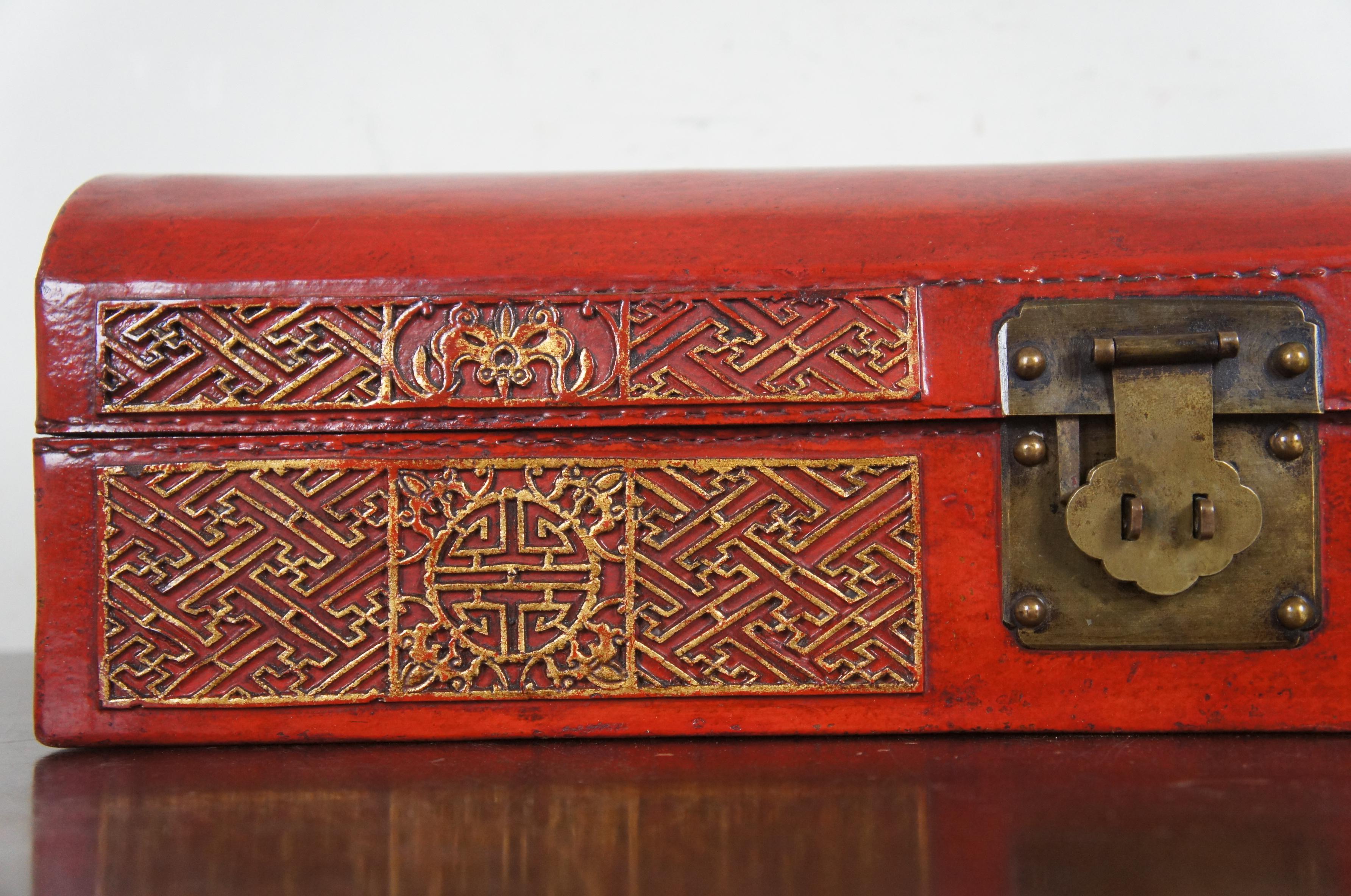 Antique Chinese Red and Gold Leather Domed and Lacquered Scroll Box 1
