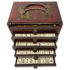 Antique Chinese Red & Gold Painted Mahjong Games Box Set, circa 1920