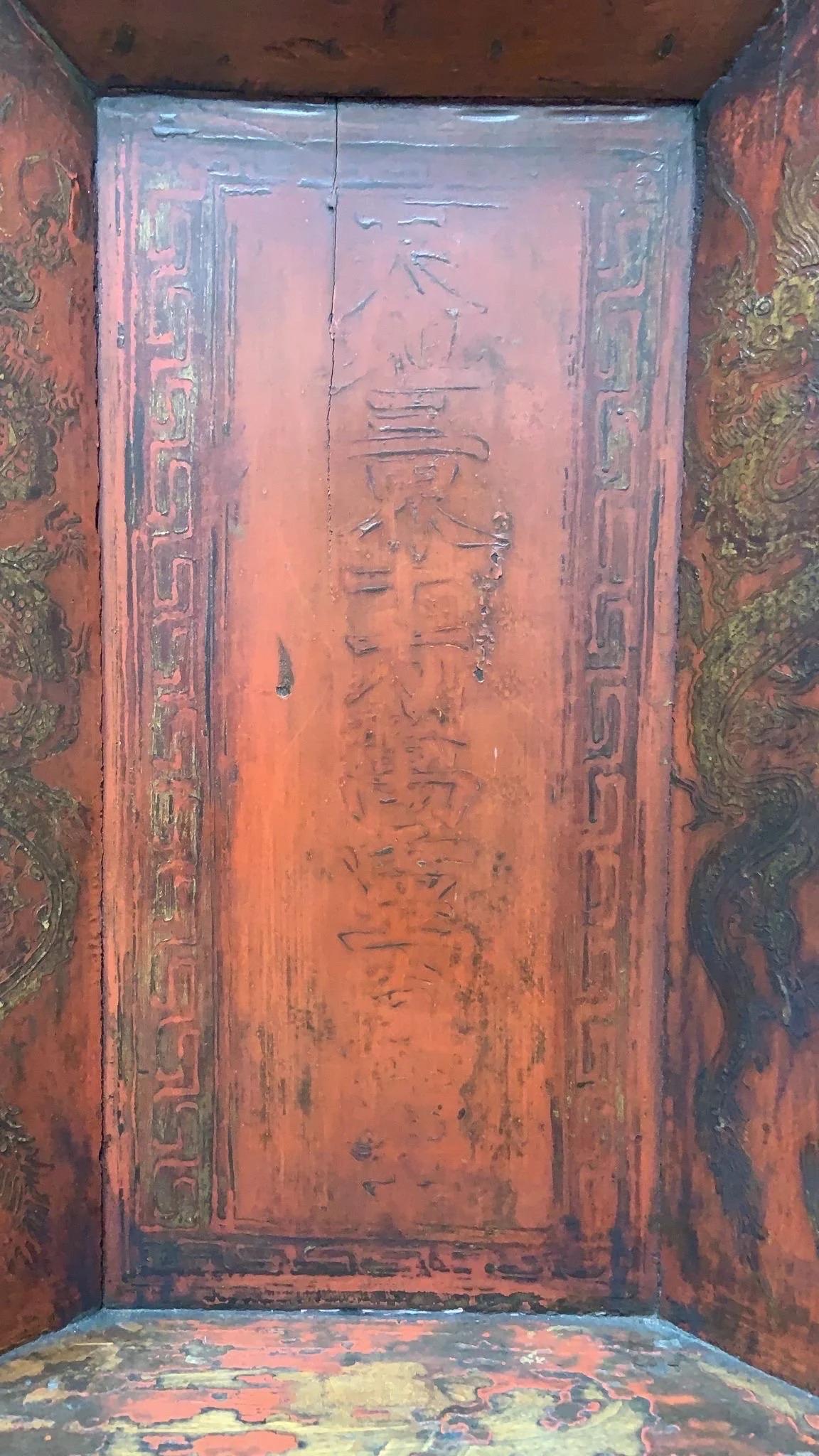 Rustic Antique Chinese Red Hand Painted Elm Ancestral Shrine / Altar For Sale