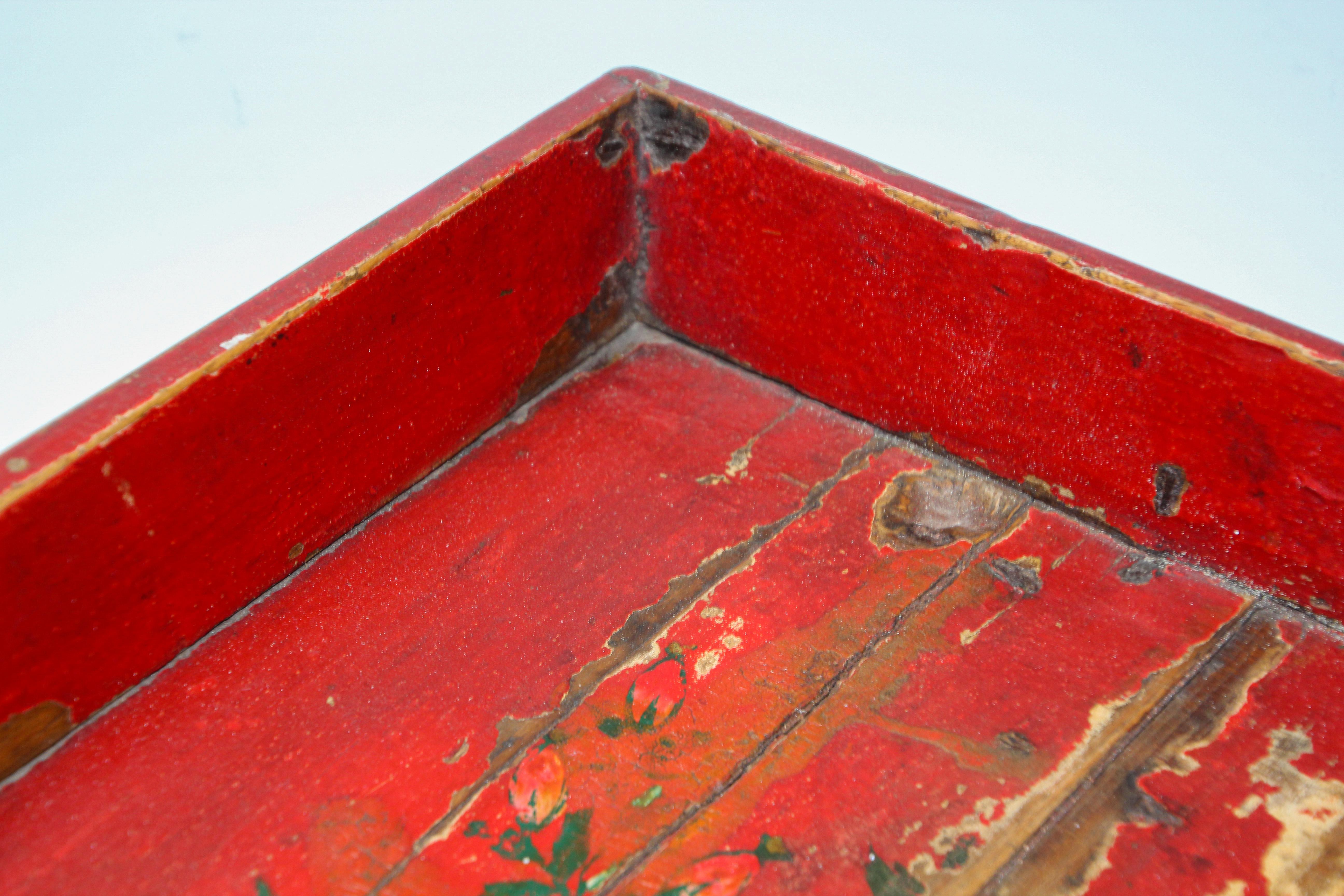 19th Century Antique Chinese Red Hand painted Wood Tray