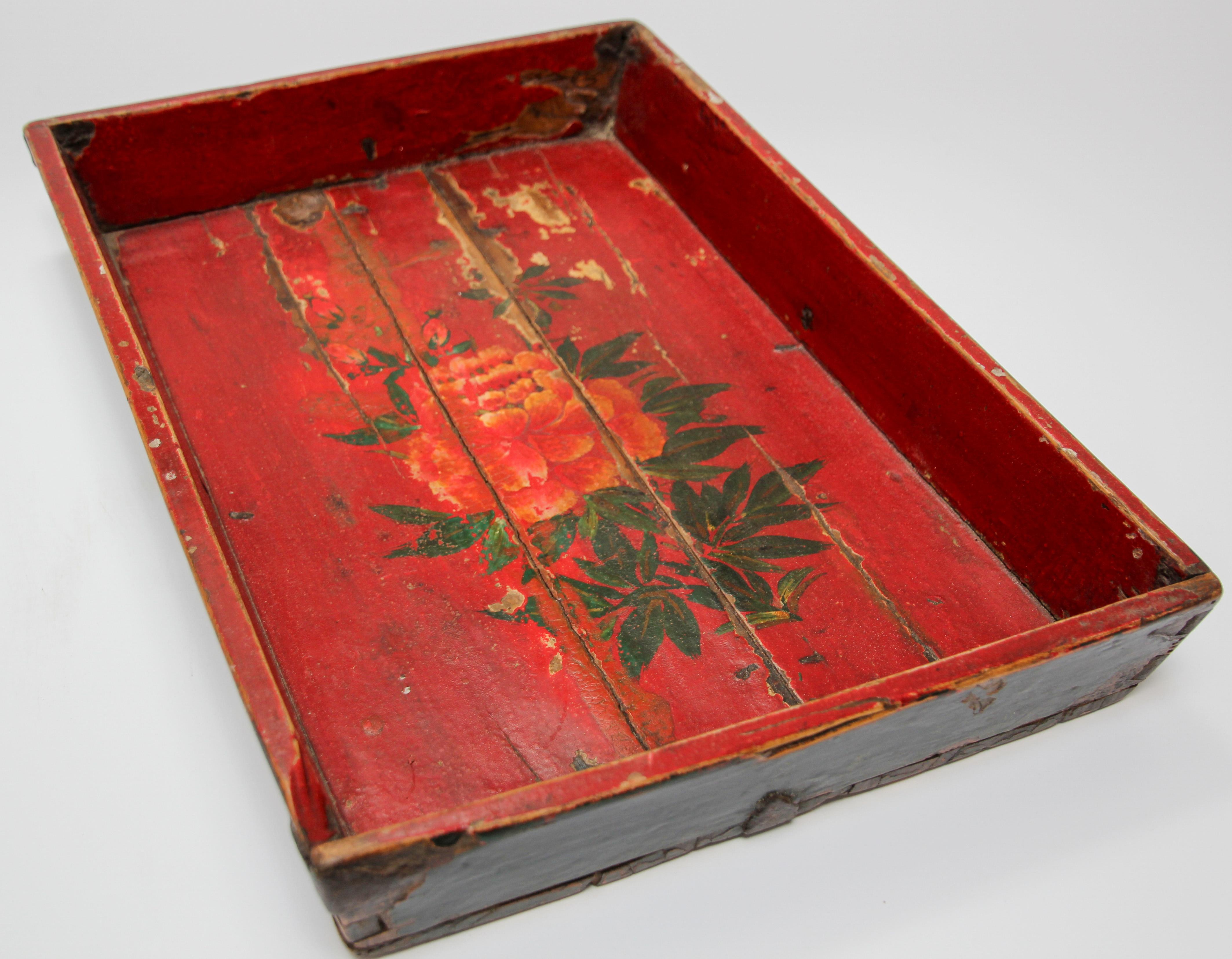 Antique Chinese Red Hand painted Wood Tray 2