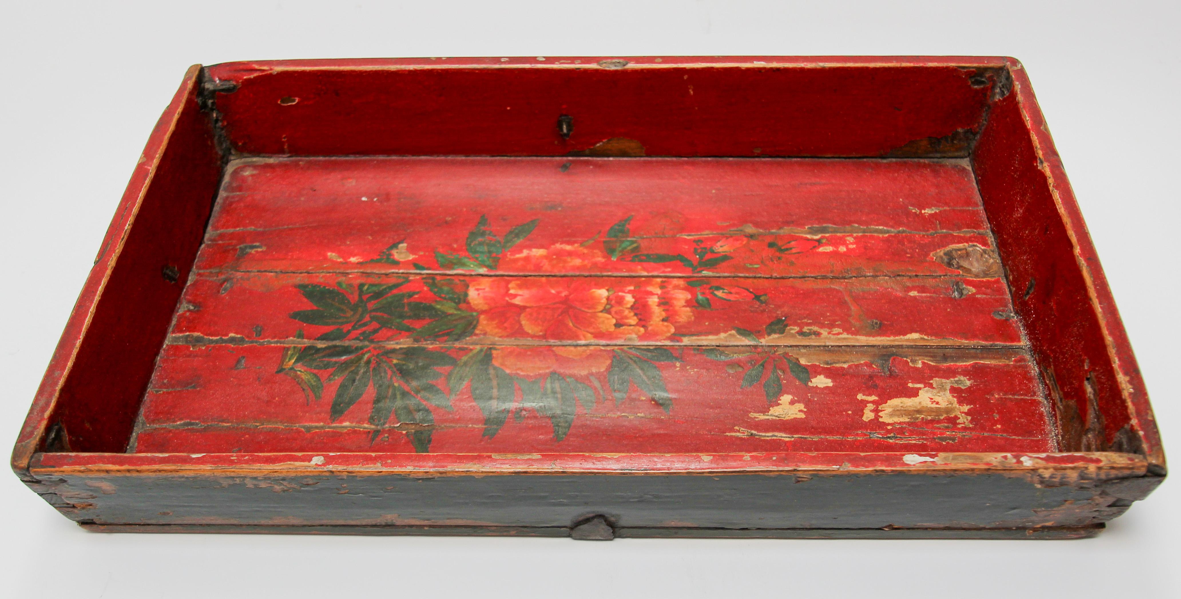 Antique Chinese Red Hand painted Wood Tray 7