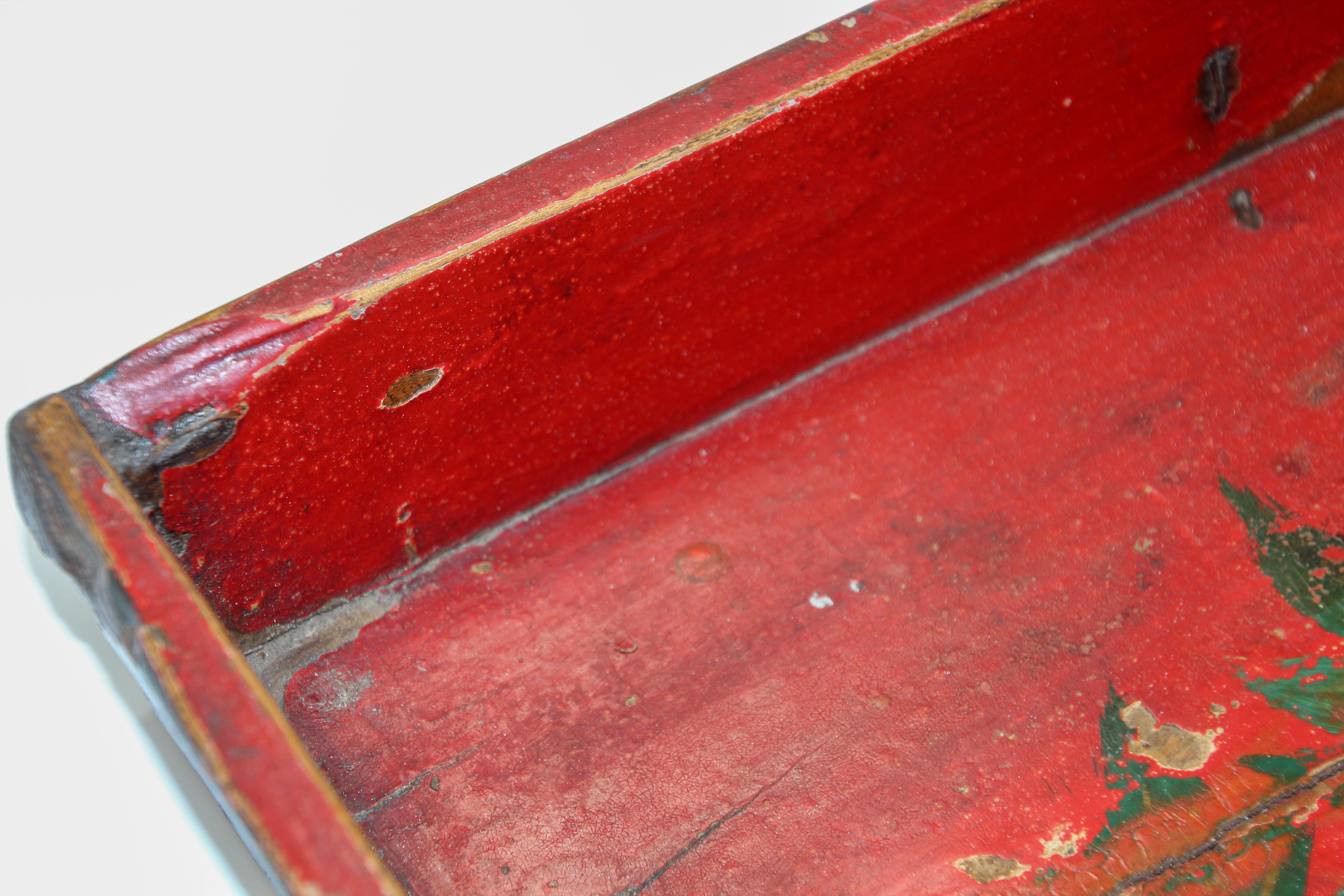 Hand-Crafted Antique Chinese Red Hand painted Wood Tray
