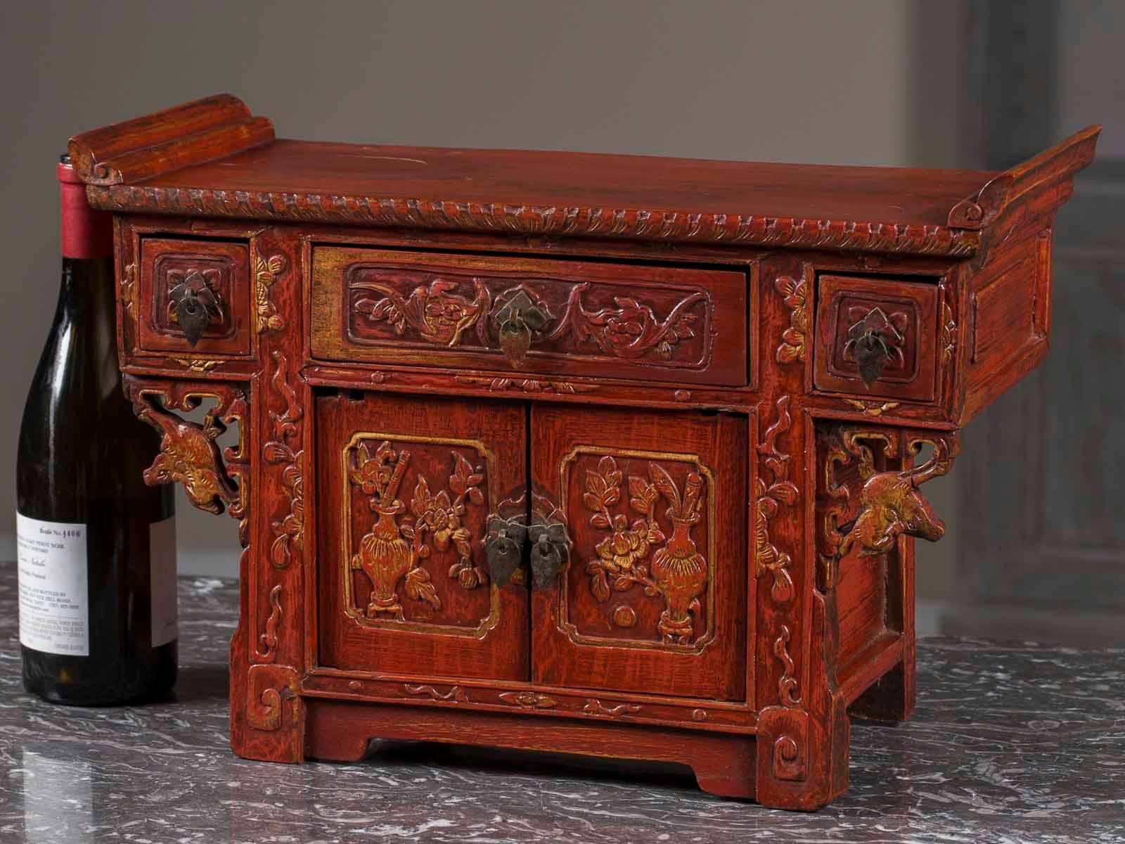 Meiji Antique Chinese Red Lacquer Altar Buffet circa 1875