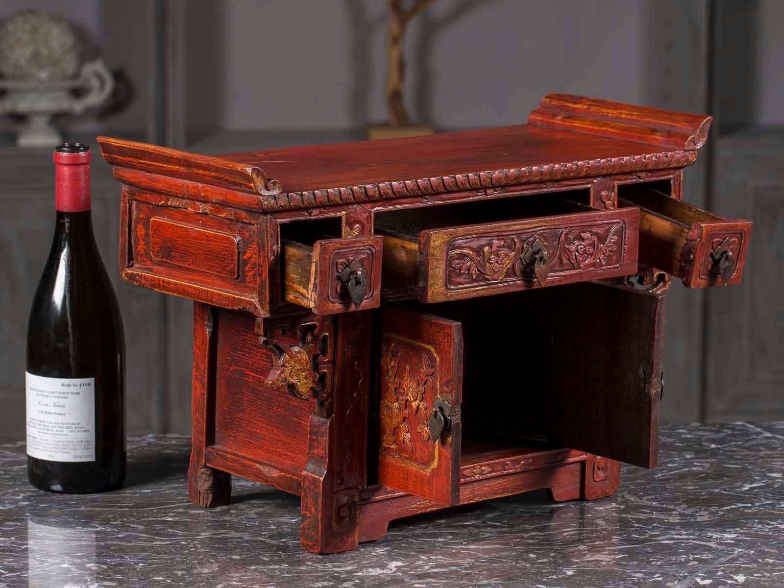 Hand-Carved Antique Chinese Red Lacquer Altar Buffet circa 1875