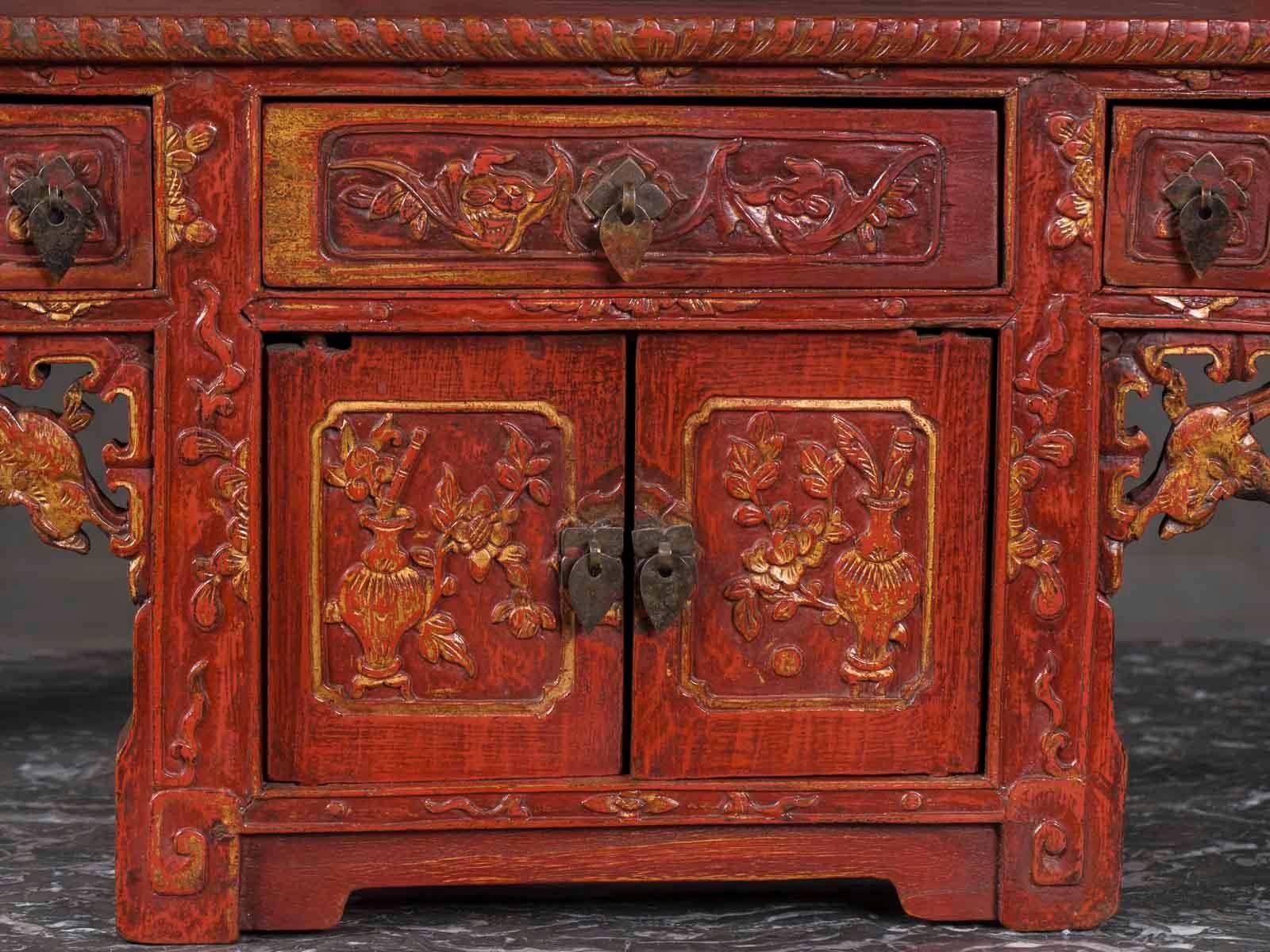 Wood Antique Chinese Red Lacquer Altar Buffet circa 1875