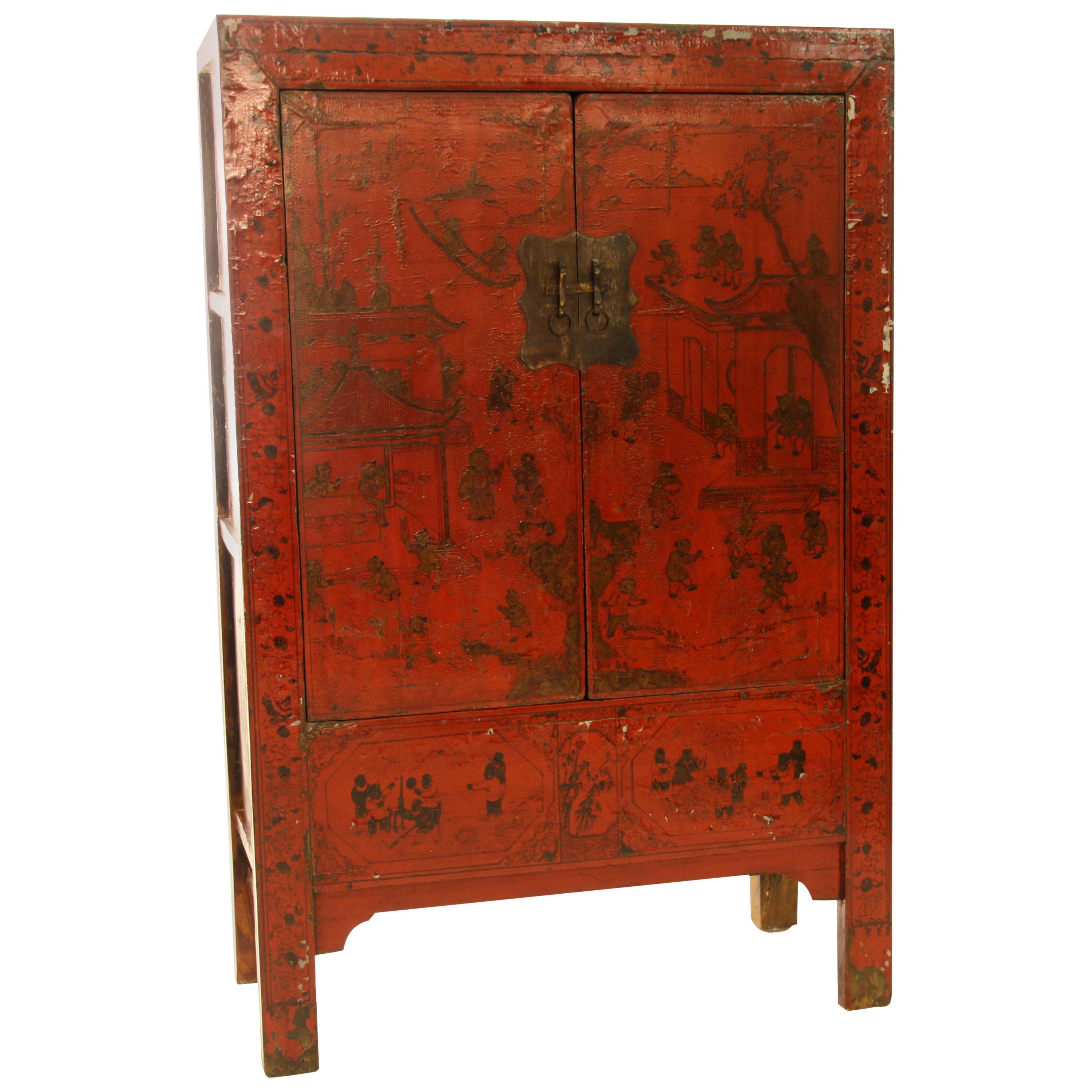 Antique Chinese Red Lacquer Cabinet with Gilt Hand-Painting For Sale