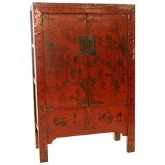 Antique Chinese Red Lacquer Cabinet with Gilt Hand-Painting