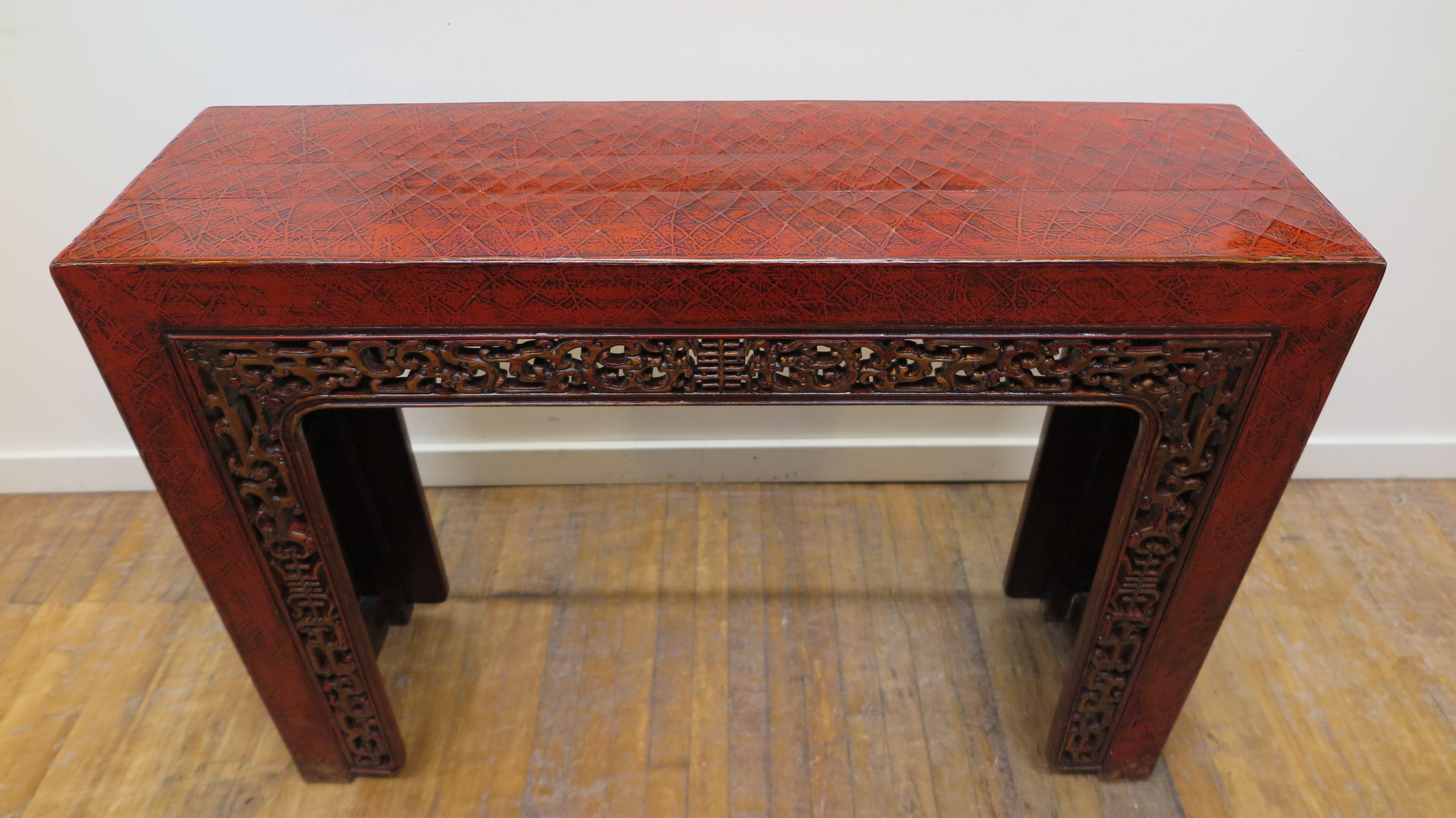 Lacquered Antique Chinese Red Lacquer Console Table For Sale