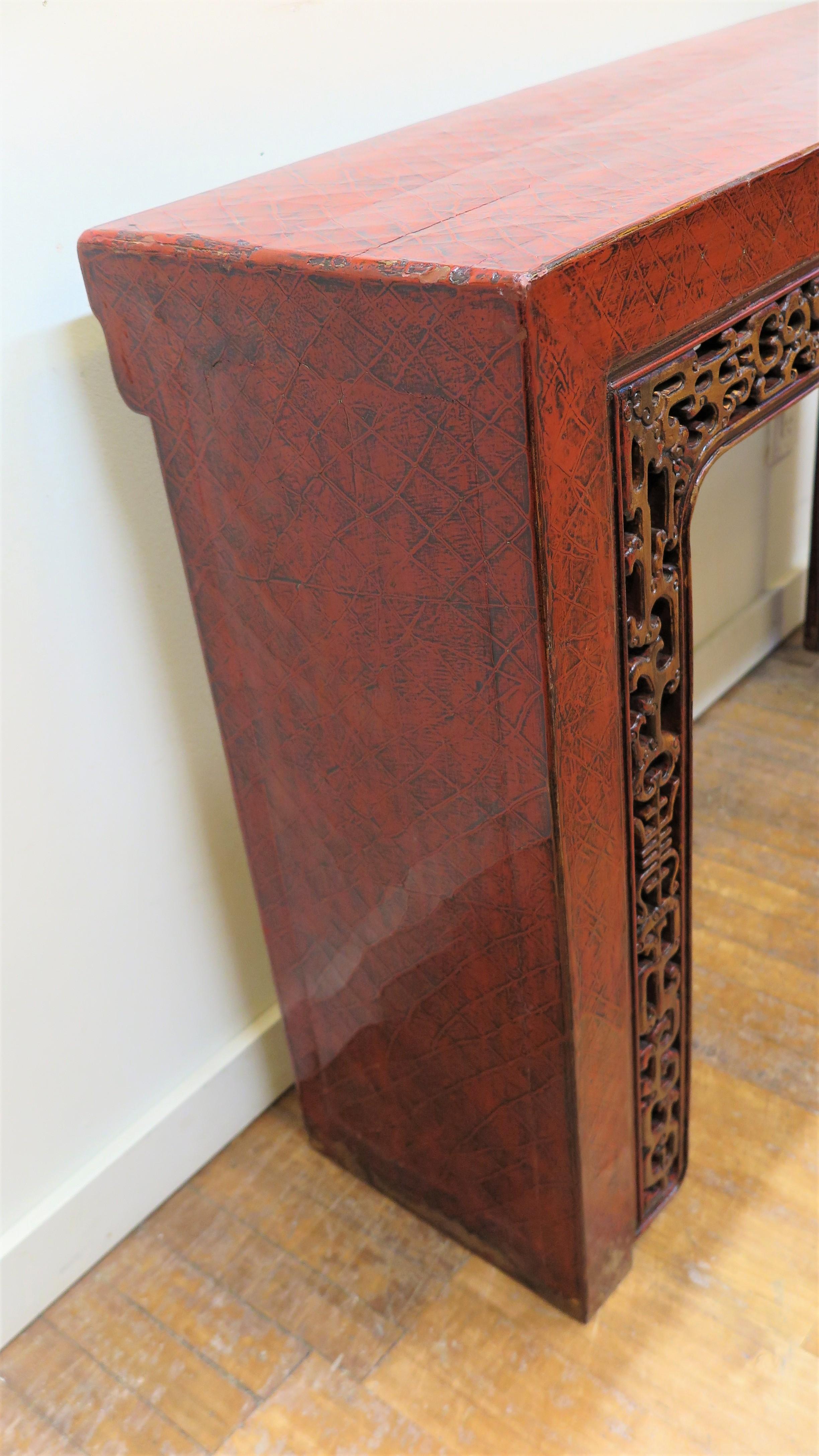 Wood Antique Chinese Red Lacquer Console Table For Sale