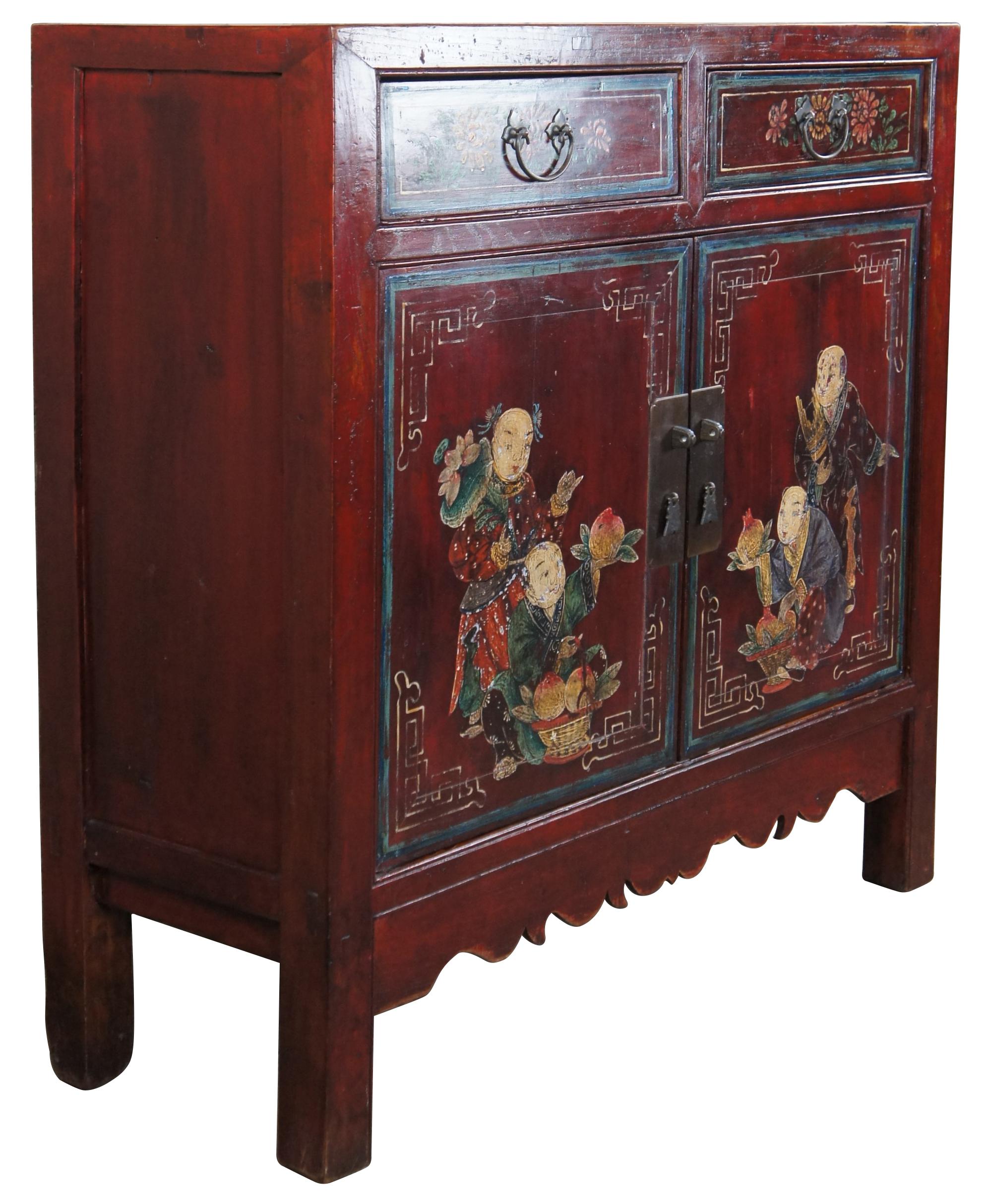 Qing Antique Chinese Red Lacquer Elm Hand Painted Chest Console Cabinet Chinoiserie