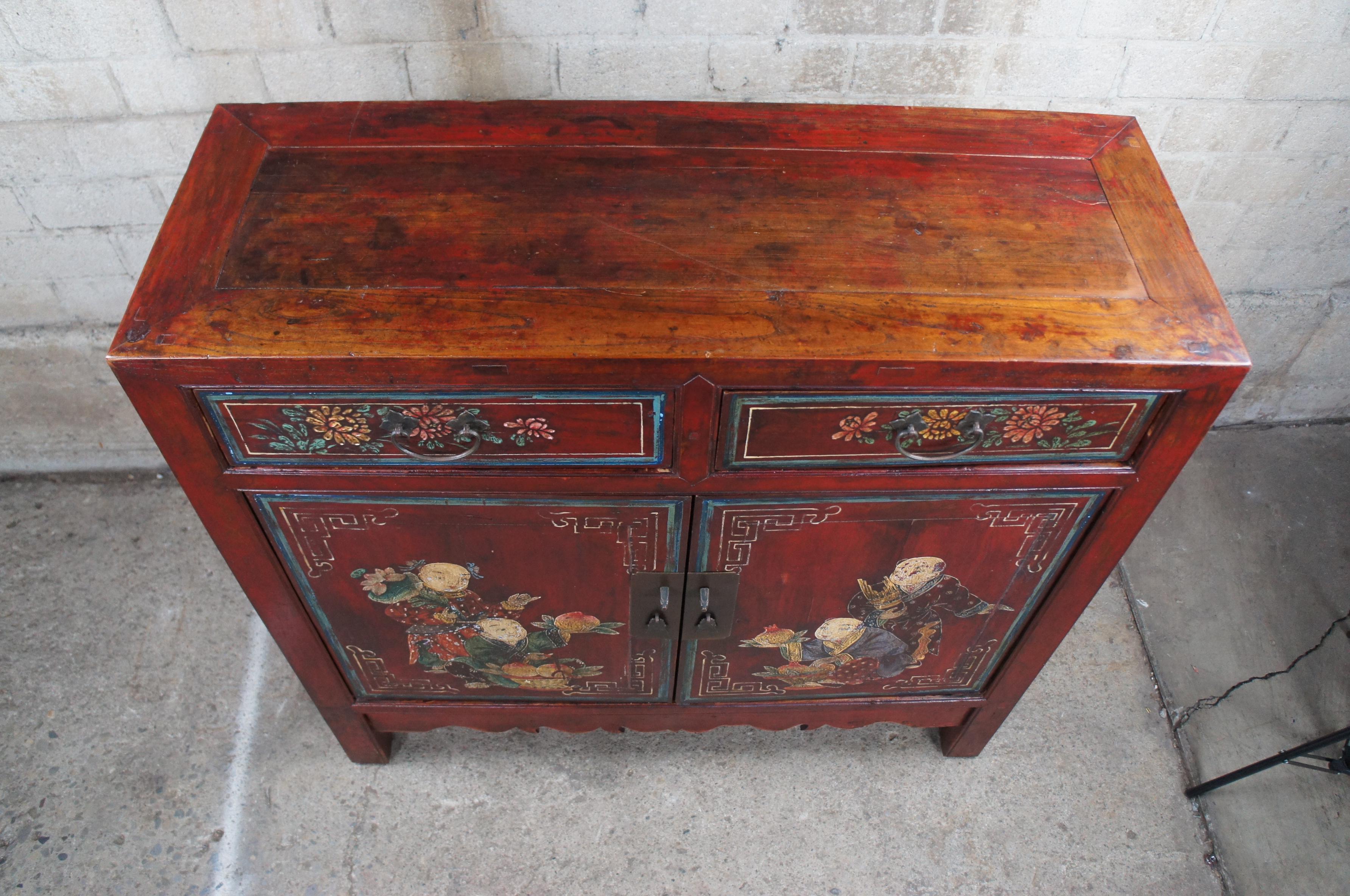 Antique Chinese Red Lacquer Elm Hand Painted Chest Console Cabinet Chinoiserie In Good Condition In Dayton, OH