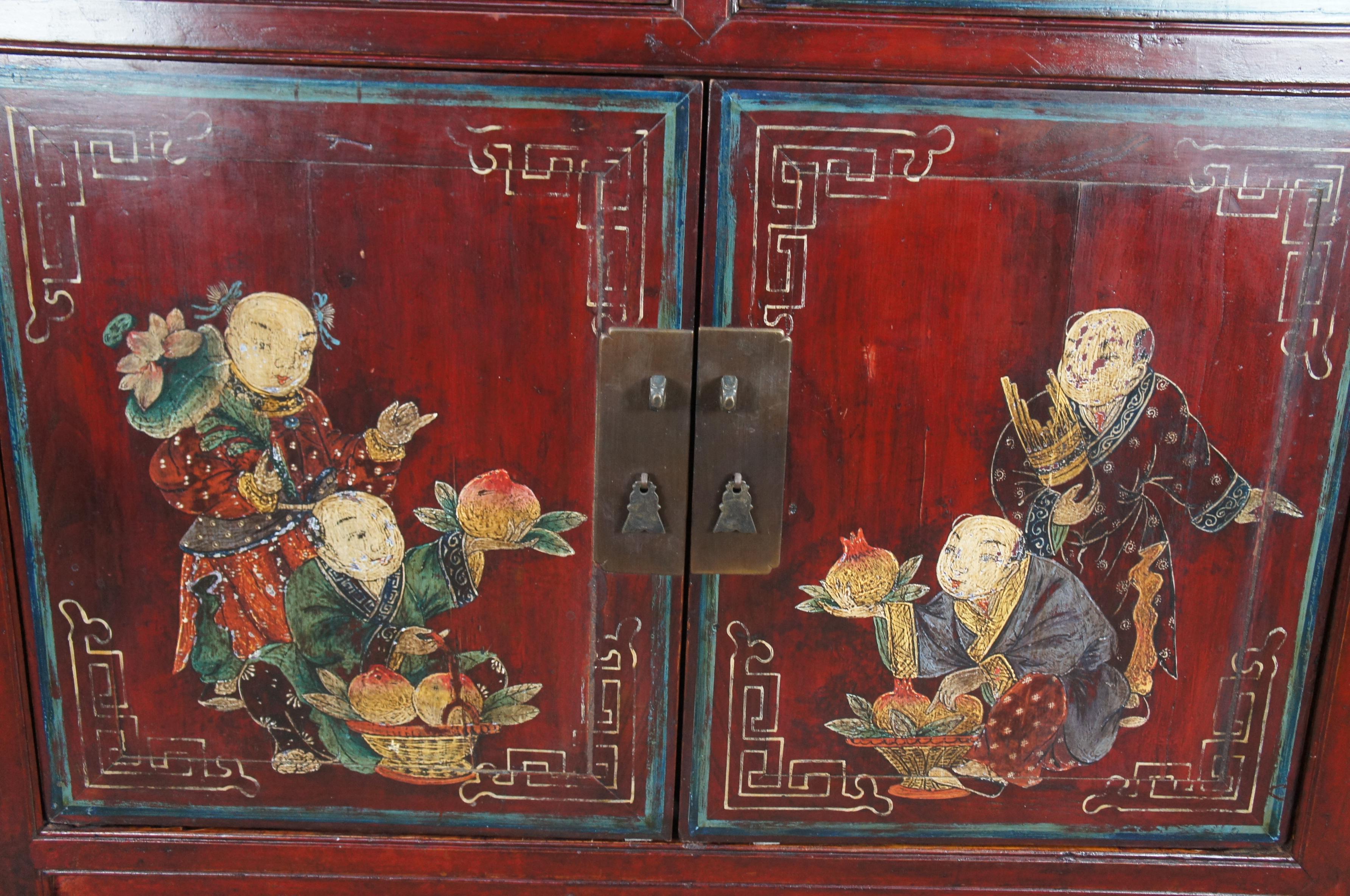 19th Century Antique Chinese Red Lacquer Elm Hand Painted Chest Console Cabinet Chinoiserie