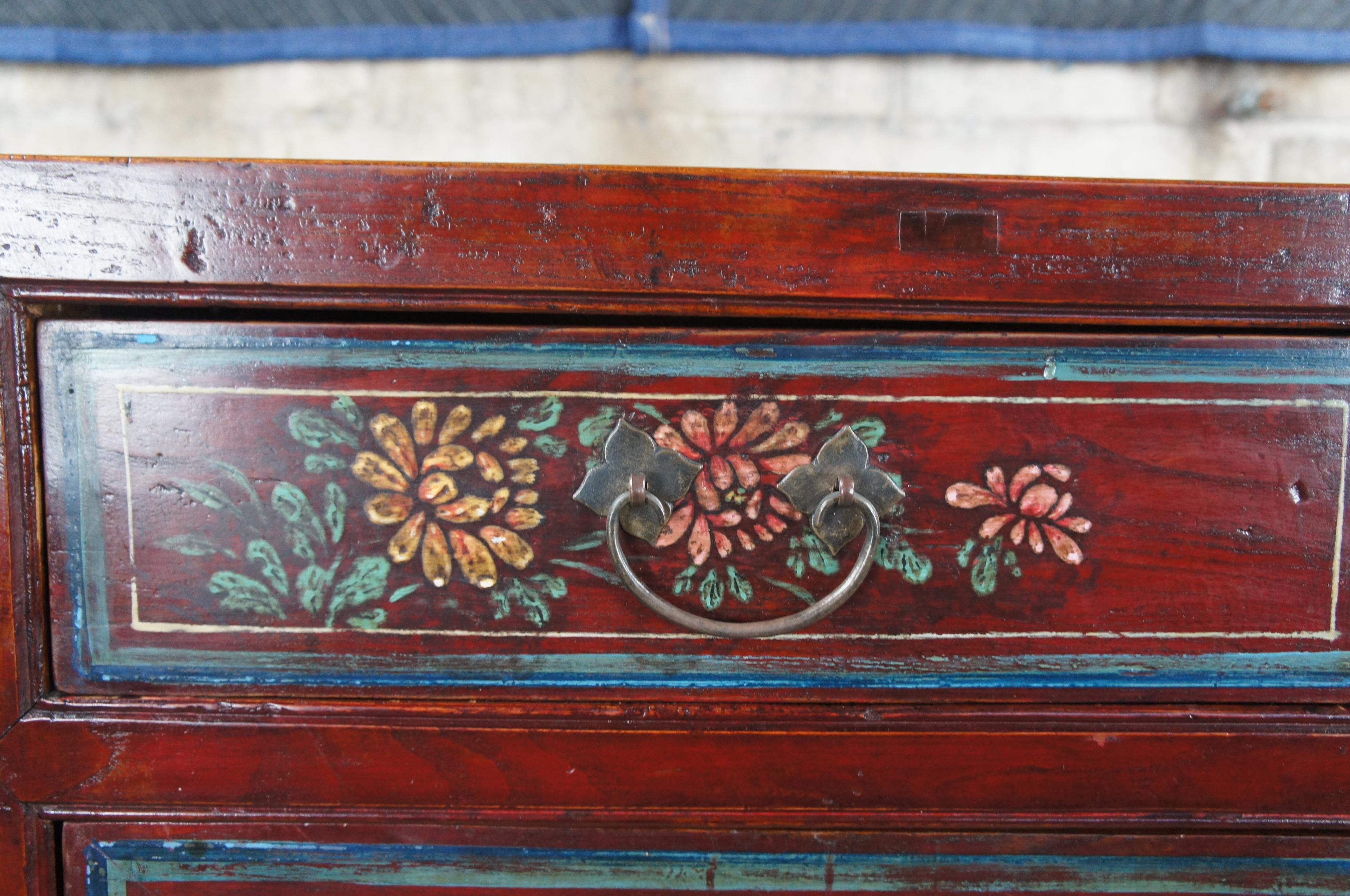 Antique Chinese Red Lacquer Elm Hand Painted Chest Console Cabinet Chinoiserie 1