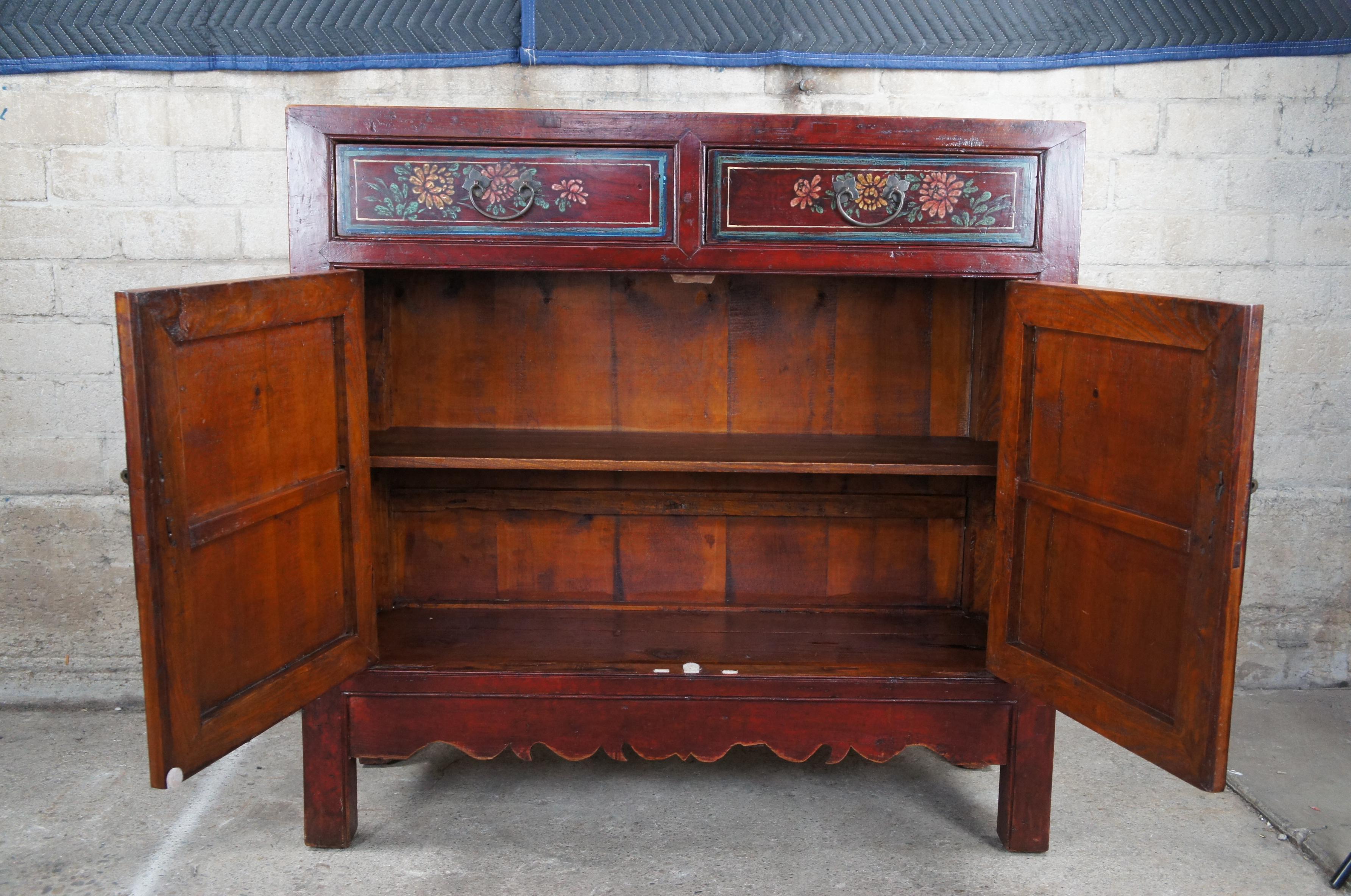 Antique Chinese Red Lacquer Elm Hand Painted Chest Console Cabinet Chinoiserie 3