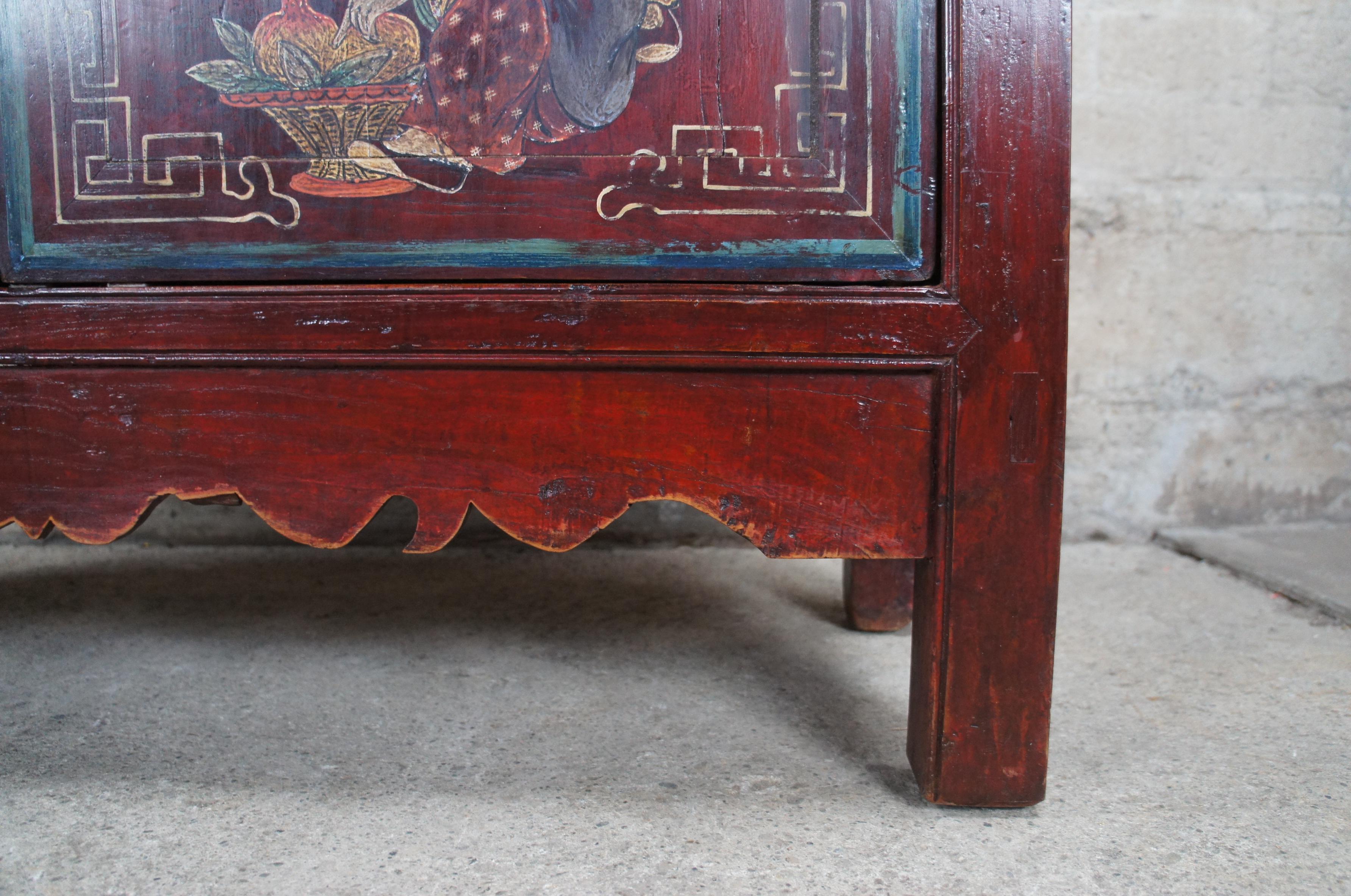Antique Chinese Red Lacquer Elm Hand Painted Chest Console Cabinet Chinoiserie 4