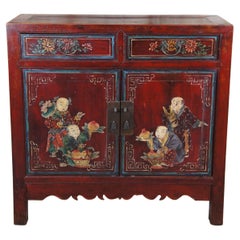 Antique Chinese Red Lacquer Elm Hand Painted Chest Console Cabinet Chinoiserie
