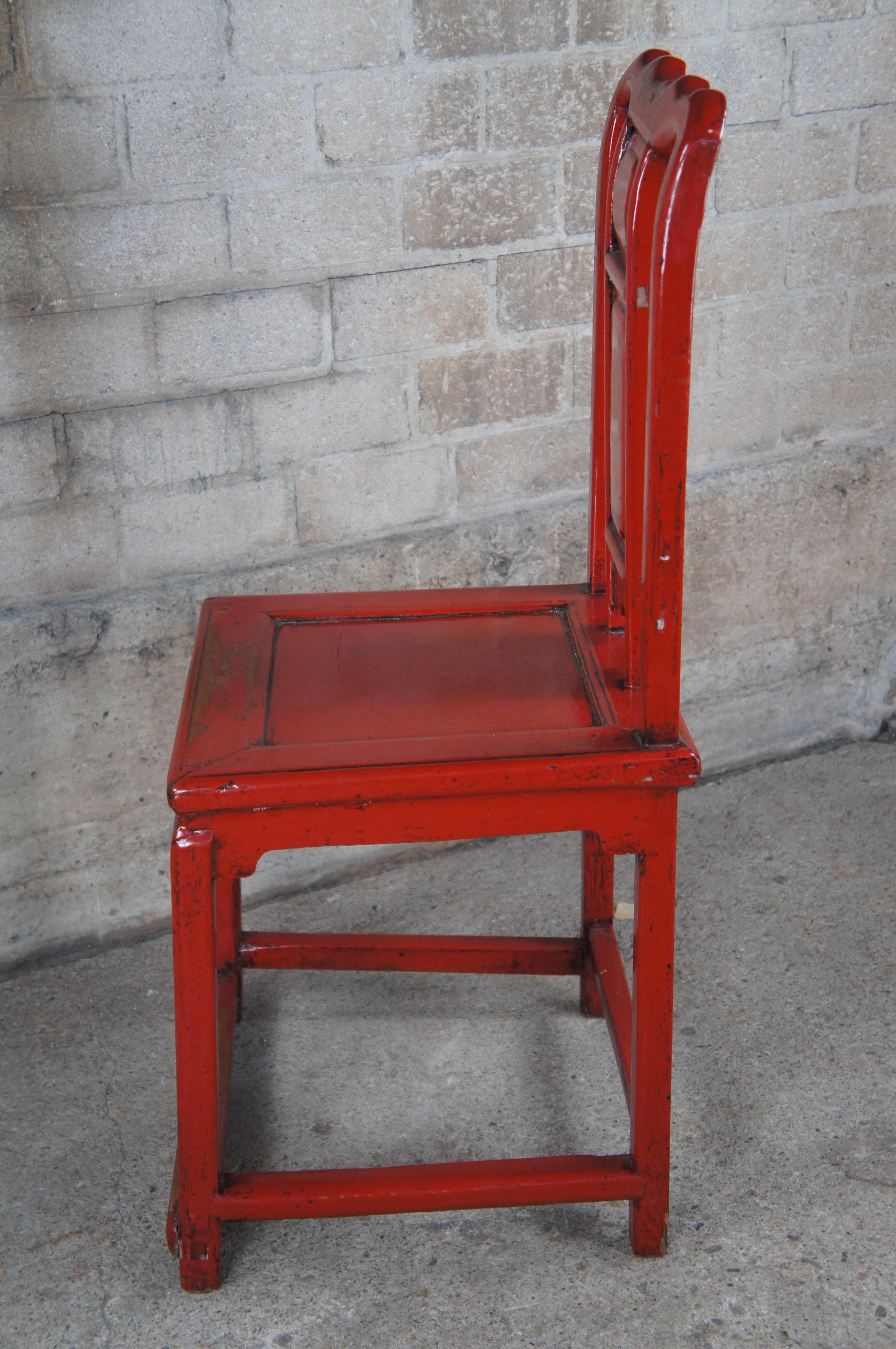 Antique Chinese Red Lacquer Elm Ming Style Slat Back Desk Side Accent Chair For Sale 5