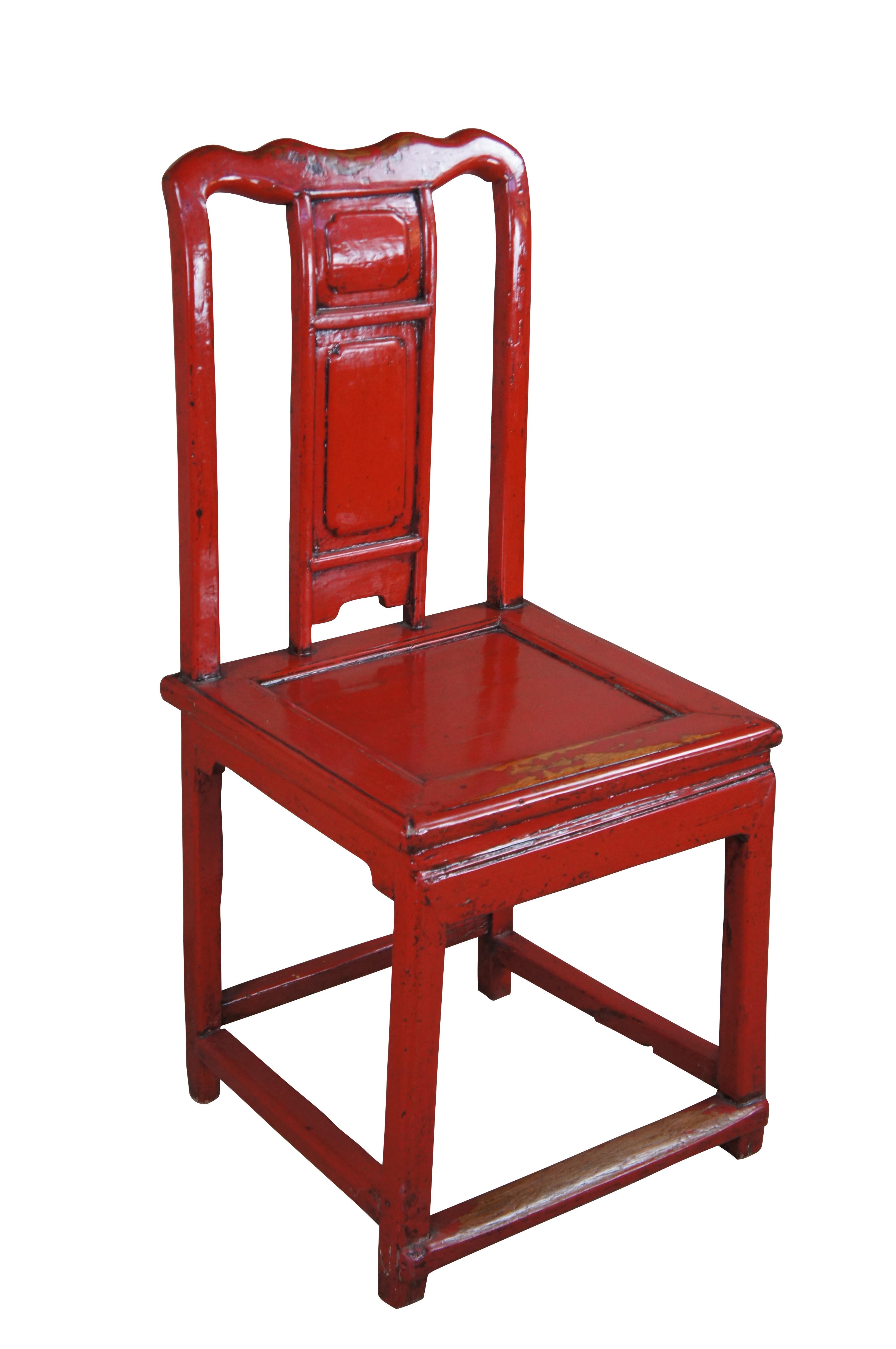 Qing Antique Chinese Red Lacquer Elm Ming Style Slat Back Desk Side Accent Chair For Sale