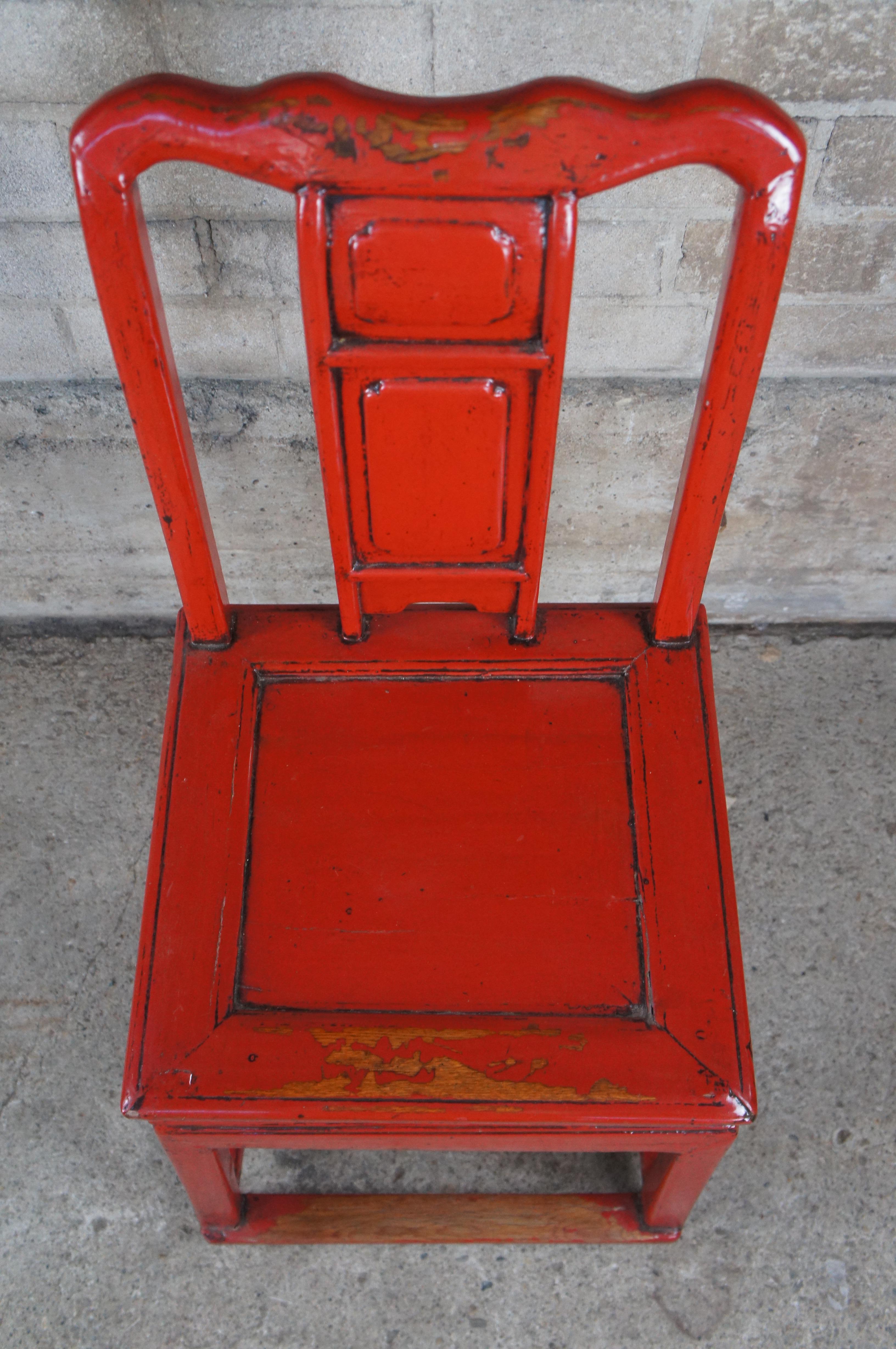 Antique Chinese Red Lacquer Elm Ming Style Slat Back Desk Side Accent Chair In Good Condition For Sale In Dayton, OH
