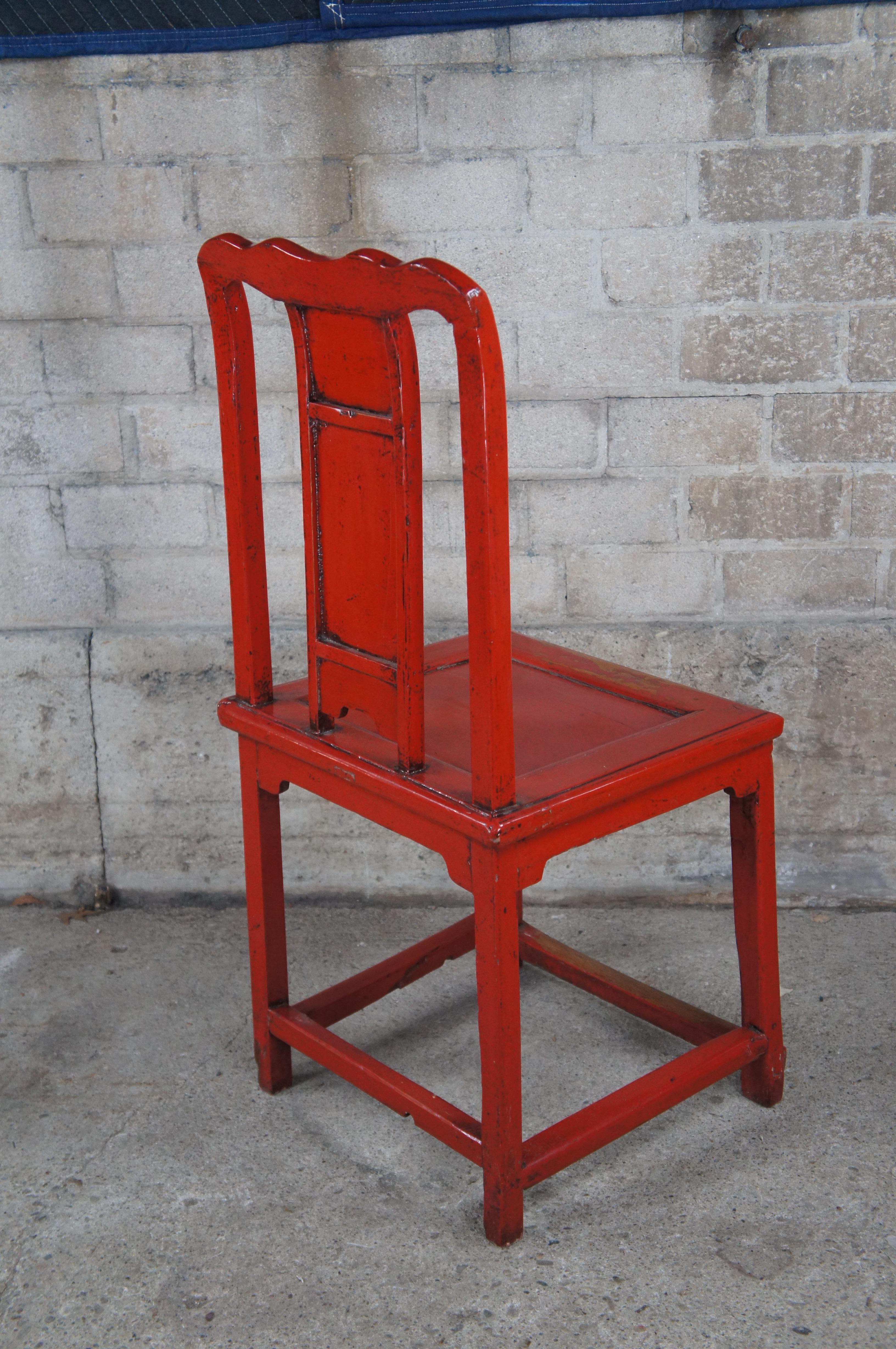Antique Chinese Red Lacquer Elm Ming Style Slat Back Desk Side Accent Chair For Sale 2