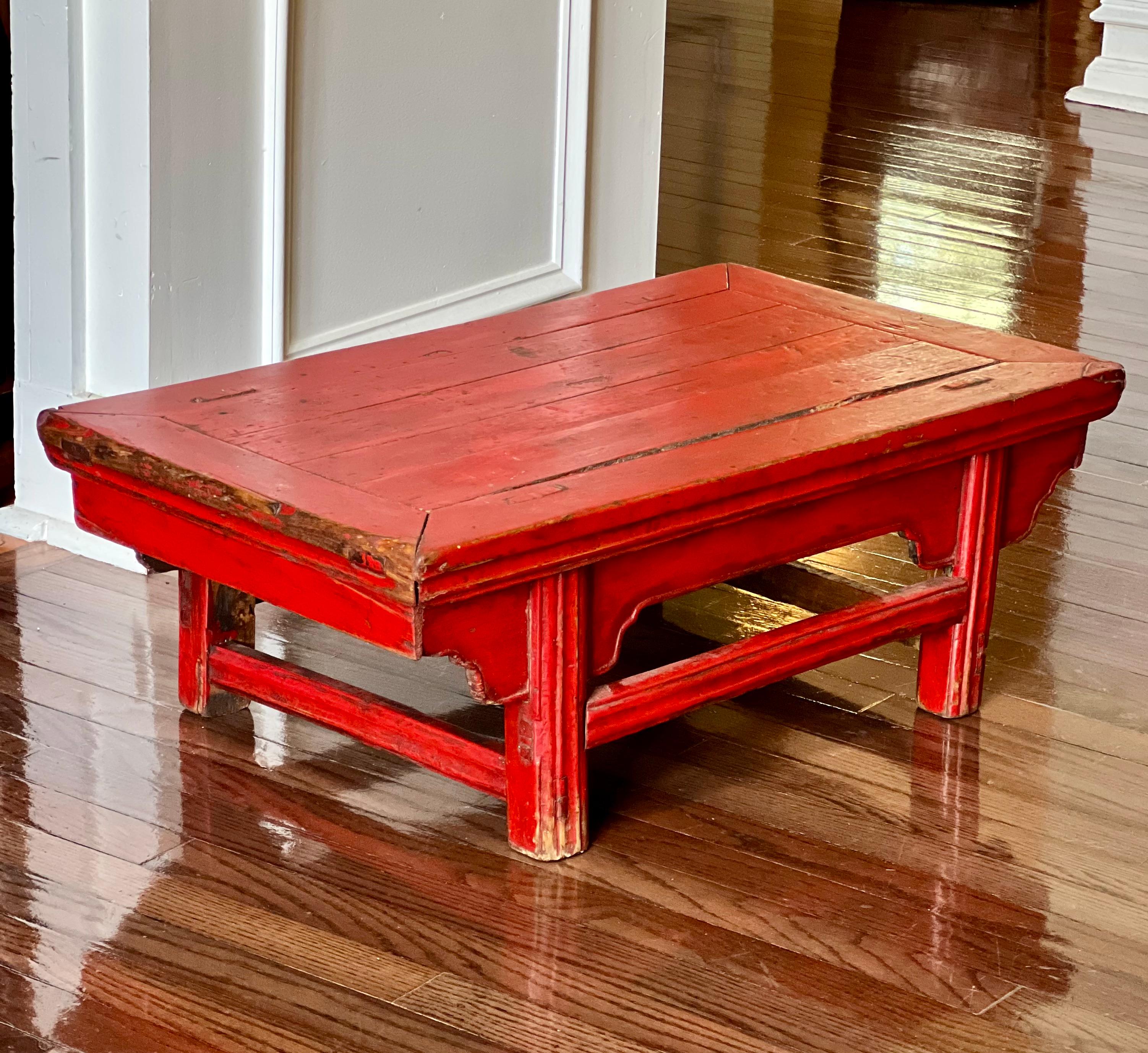 Lacquered Antique Chinese Red Lacquer Low Kang Table For Sale