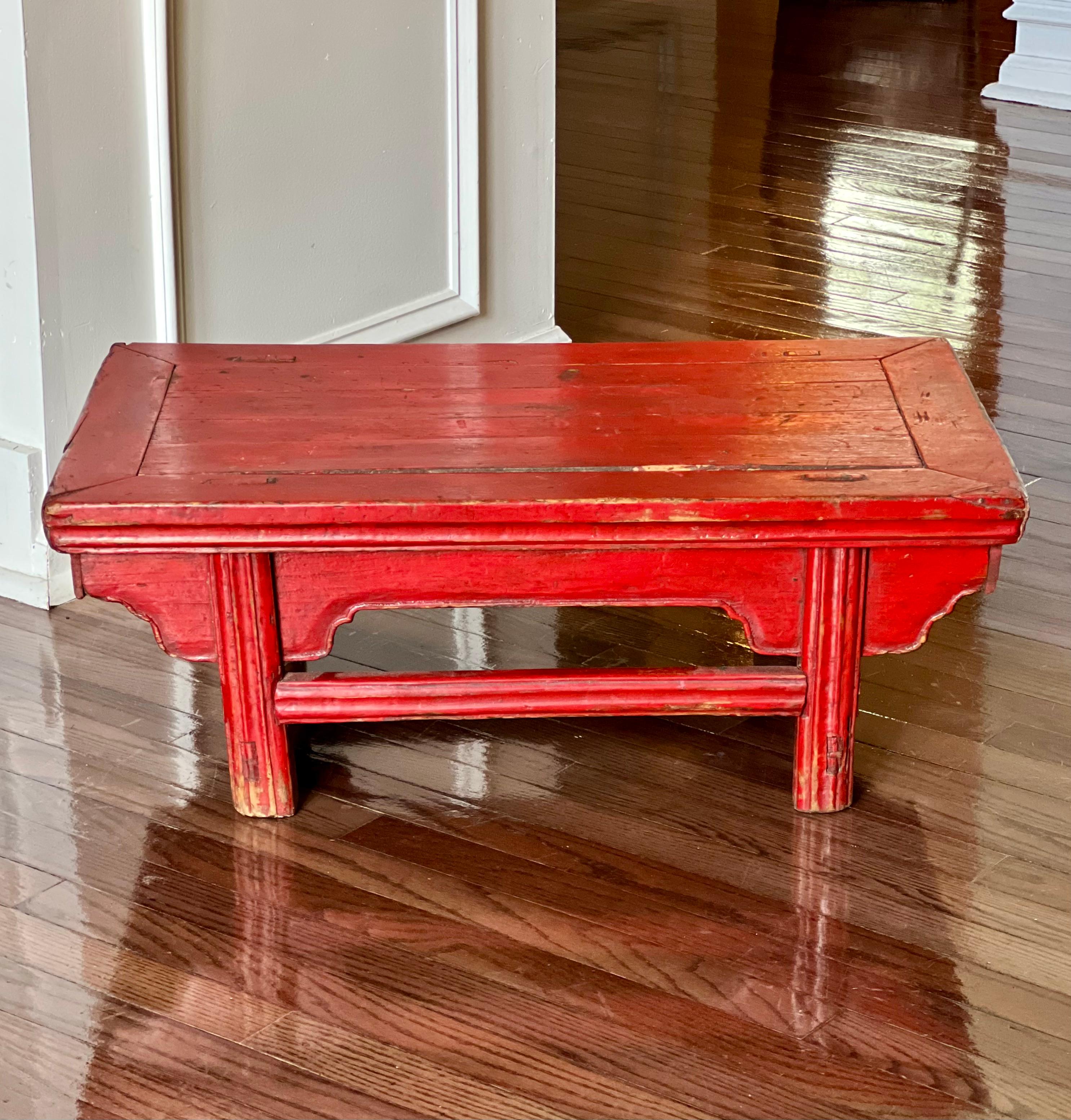 Elm Antique Chinese Red Lacquer Low Kang Table For Sale
