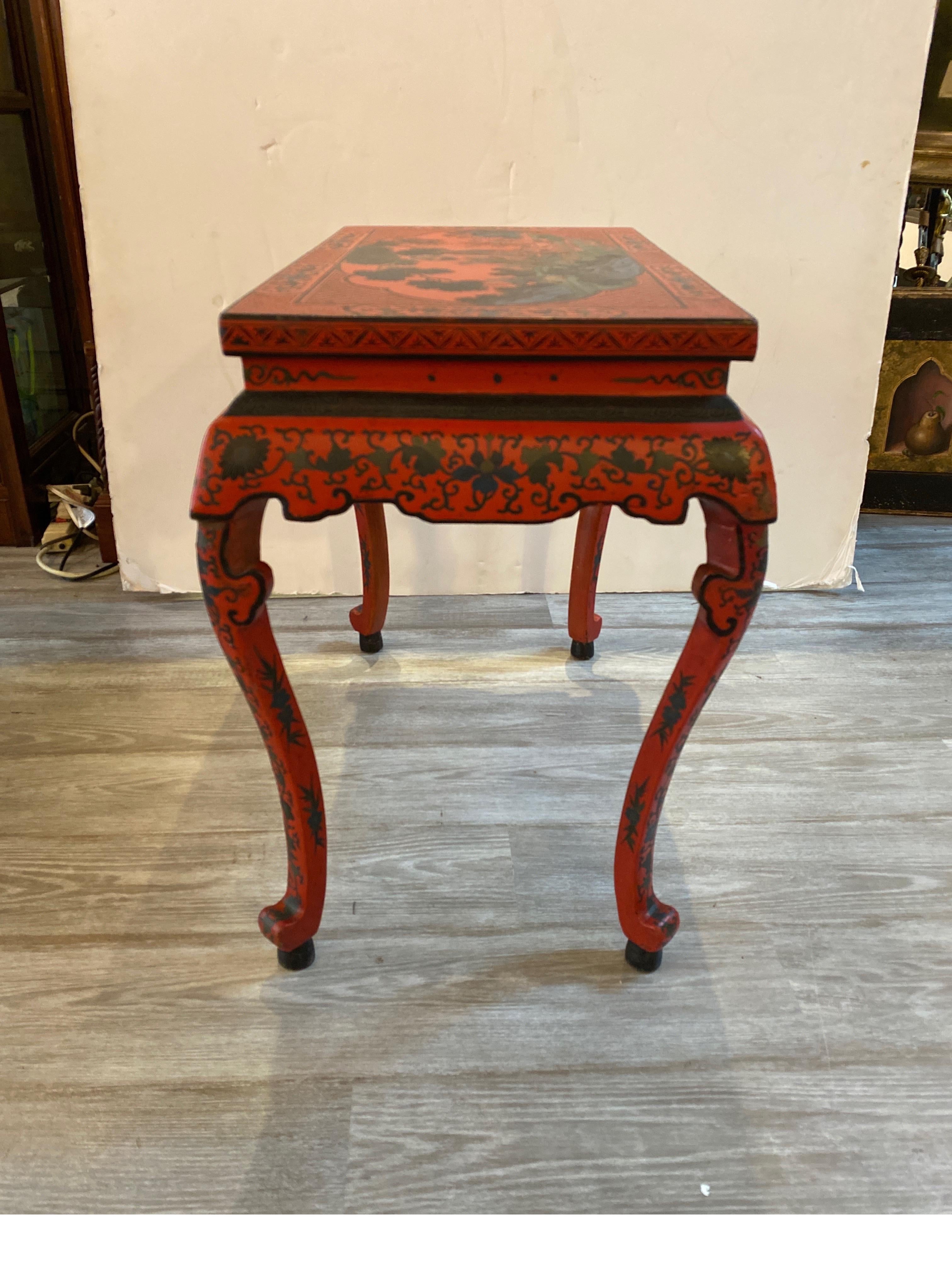 Hand-Painted Antique Chinese Red Lacquer Low Table, 1920