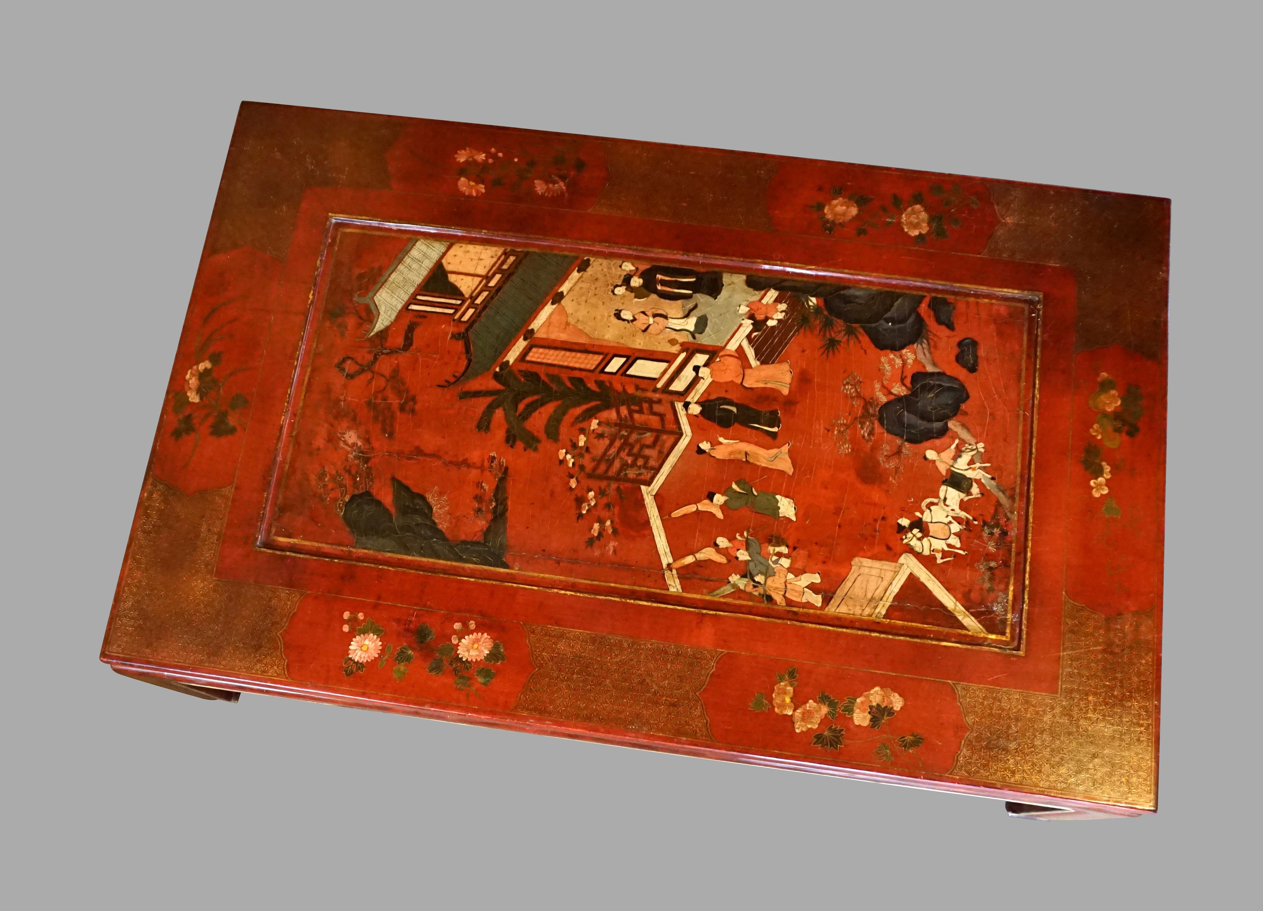 19th Century Antique Chinese Red Lacquer Panel Now a Low Table