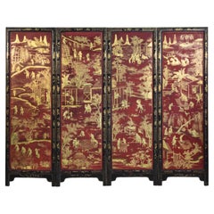 Antique Chinese Red Lacquer Screen, 19th Century Chinoiserie Style