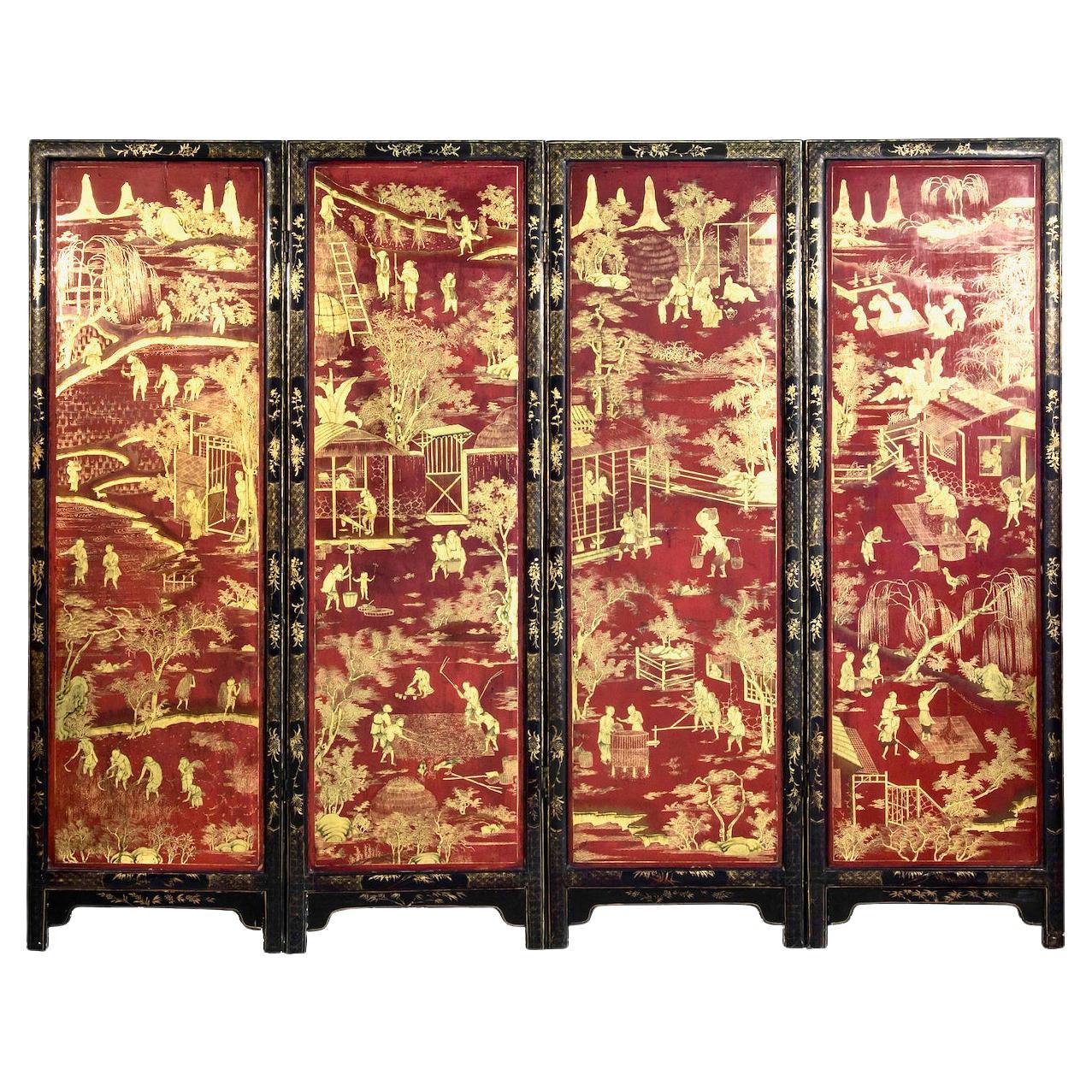 Antique Chinese Red Lacquer Screen