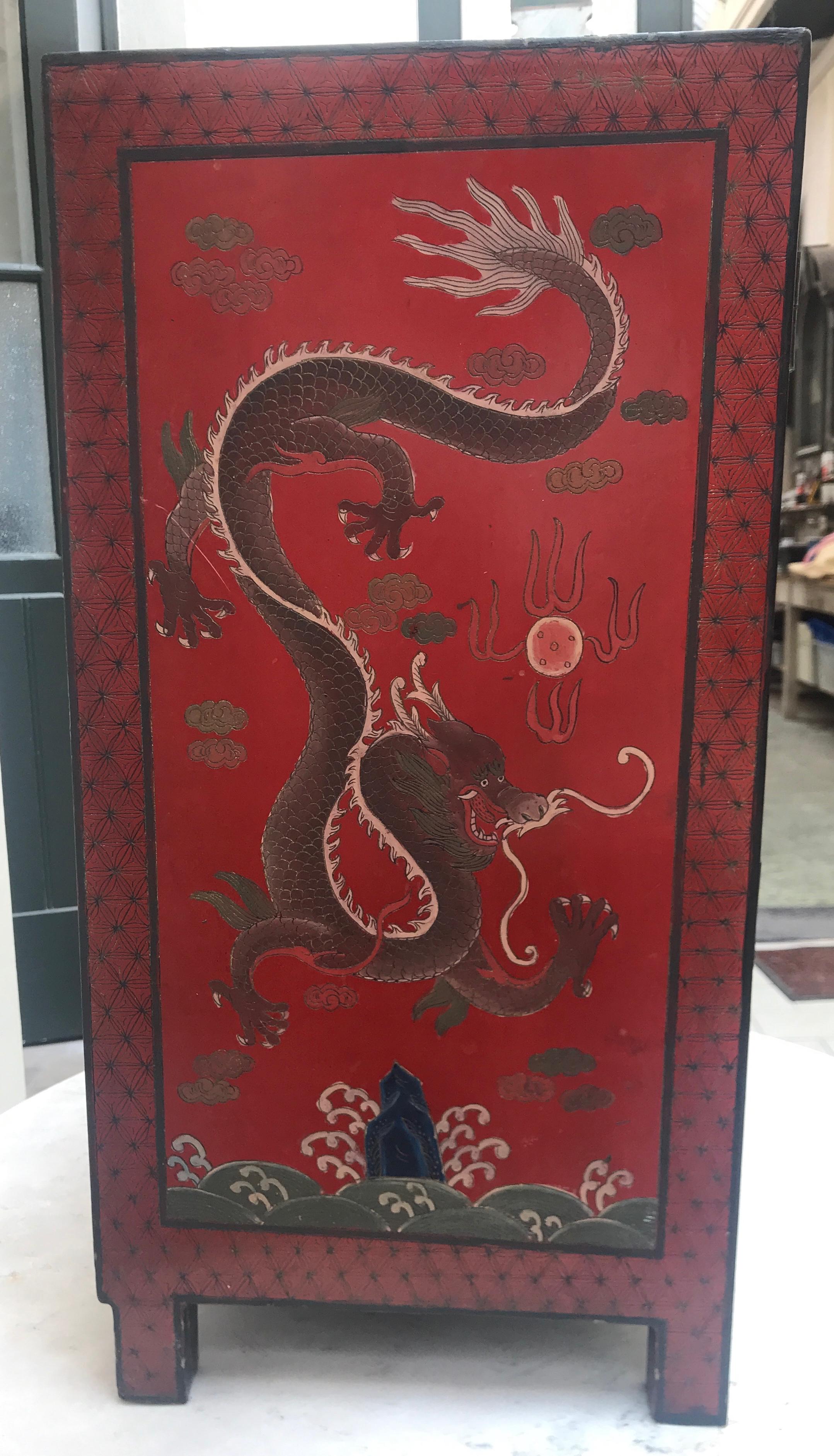 19th Century Antique Chinese Red Lacquer Side Table Cabinet with Incised Dragon Decoration